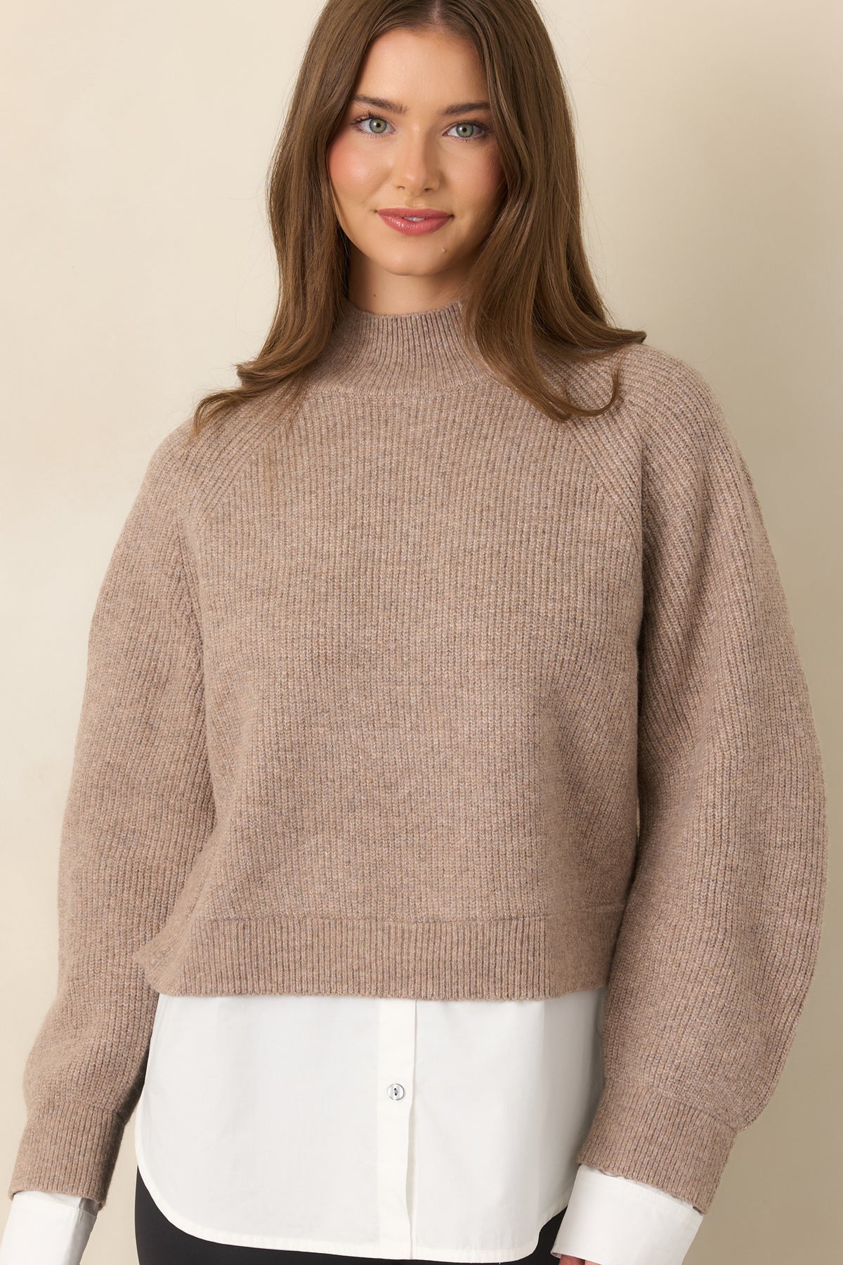 One and Done Taupe Faux Layered Mock Neck Knit Top