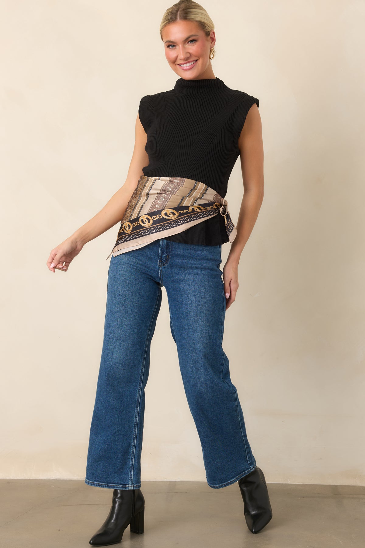 Flare For Style Black Ribbed Knit Mock Neck Peplum Sweater Top