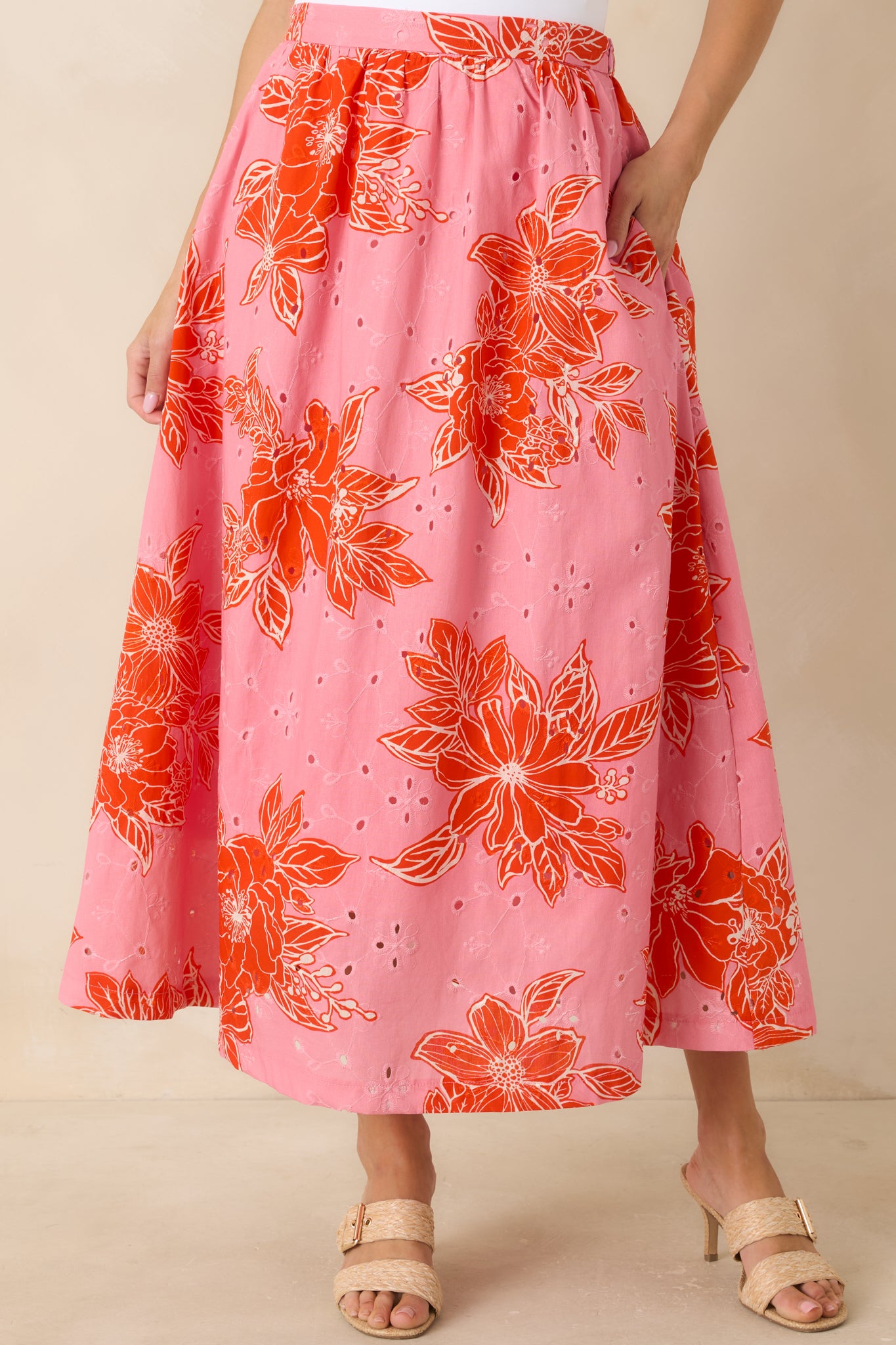 Partial view of midi skirt highlighting side pocket placement and airy silhouette.
