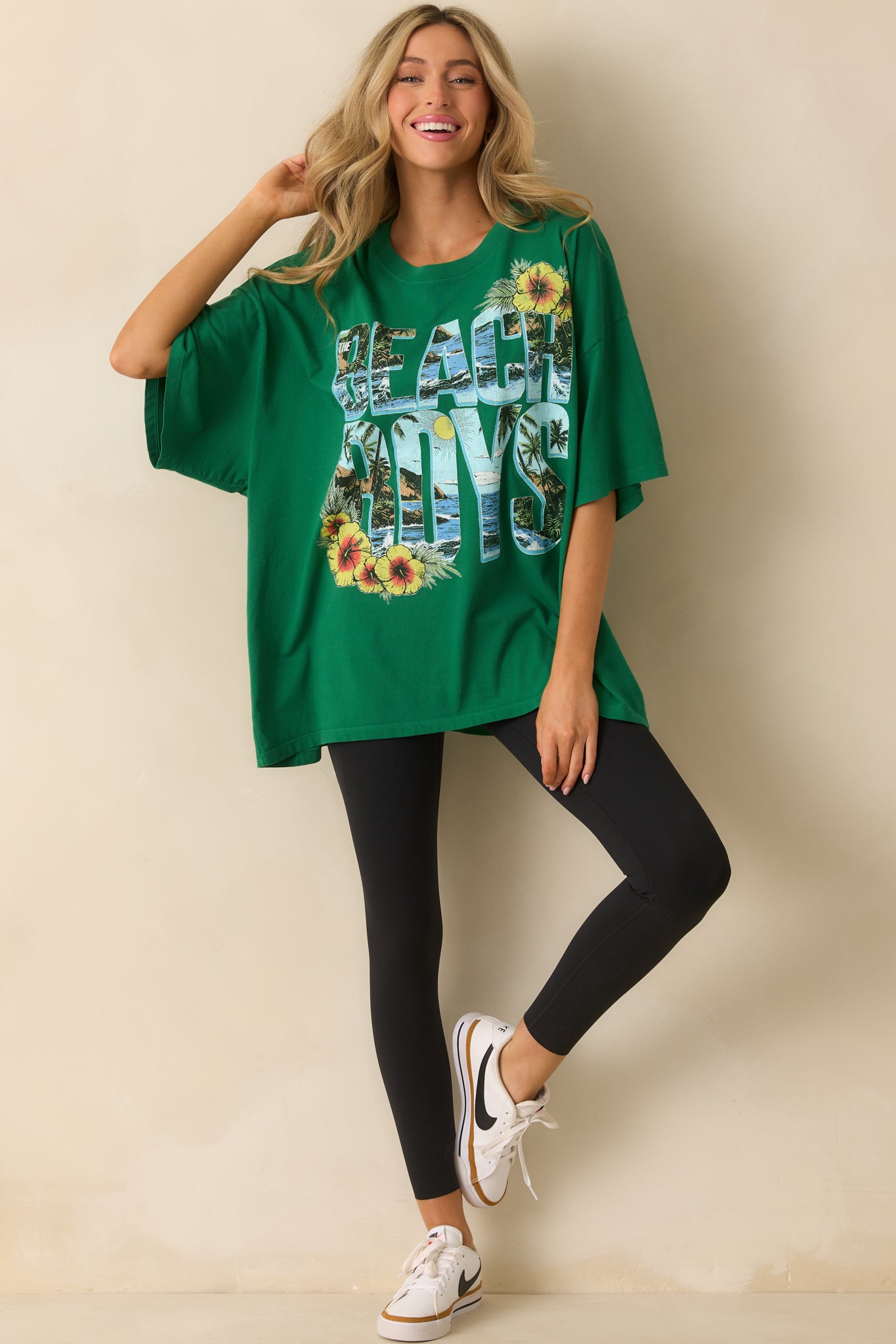 Front-facing full length shot highlighting the tropical multicolor "Beach Boys" graphic across the chest.