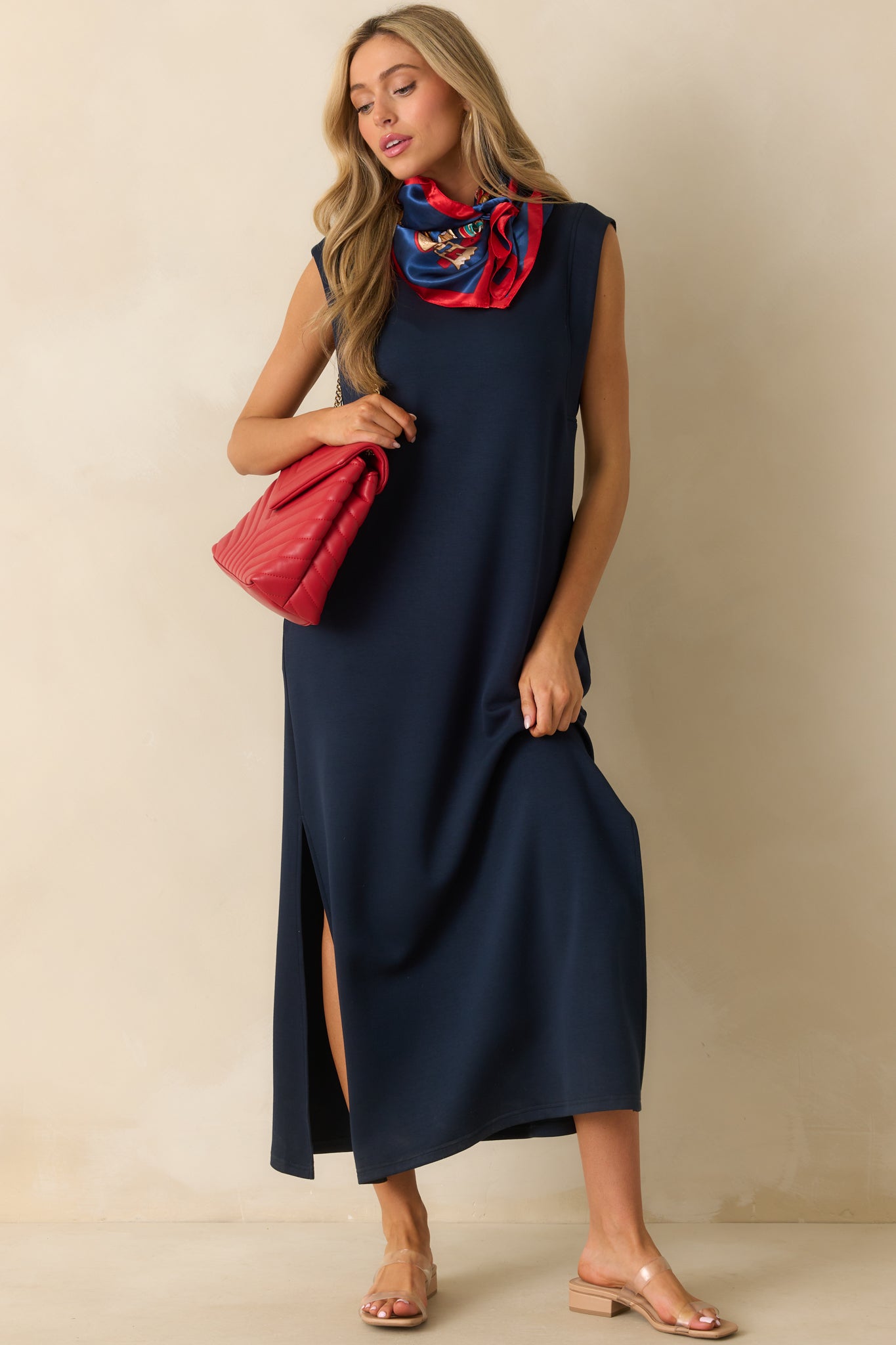 Casual navy maxi dress with short sleeves and comfortable, easy fit.