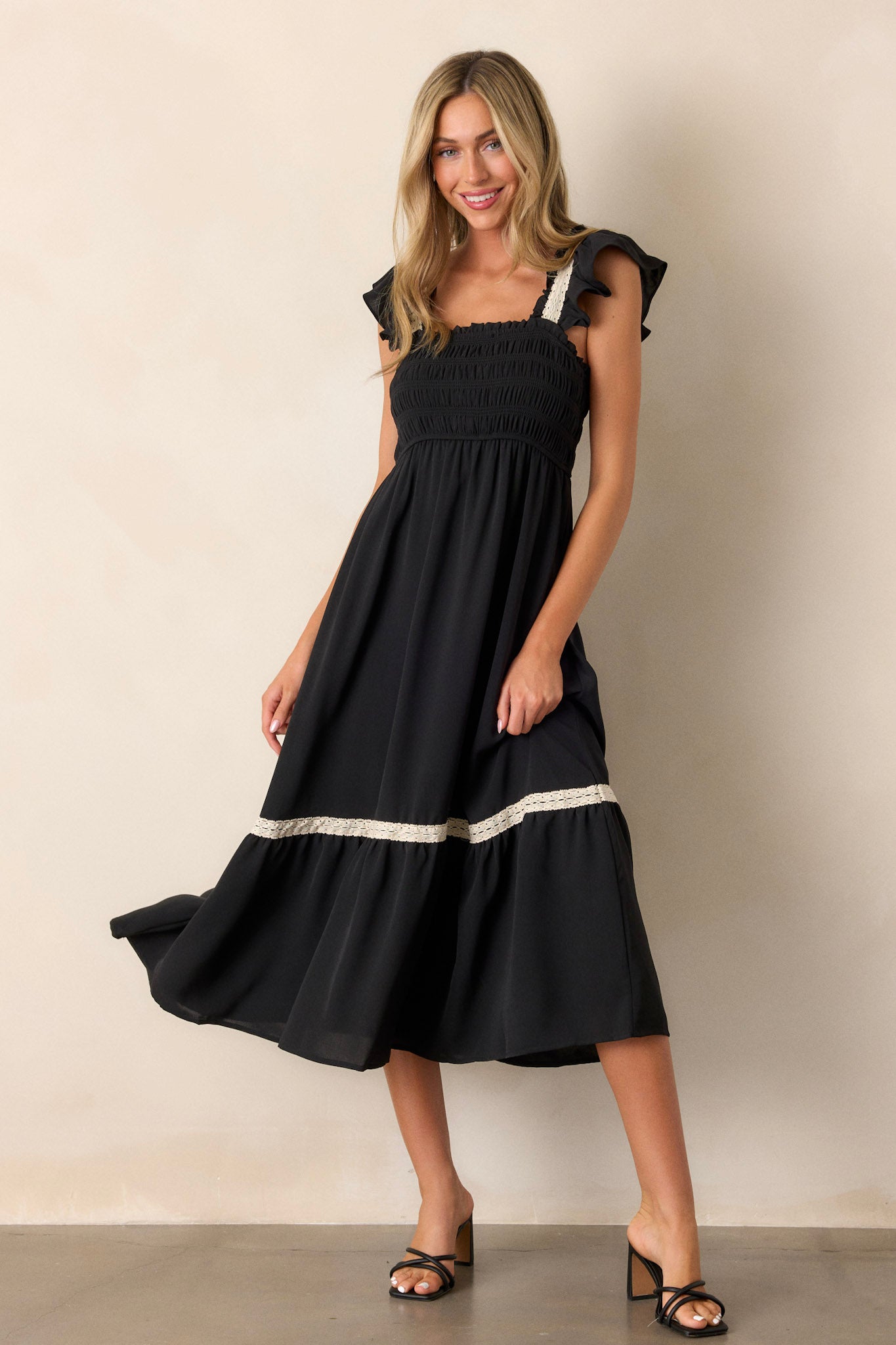 Black Smocked Midi Dress - All Dresses | Red Dress Black Smocked Midi Dress - All Dresses | Red Dress