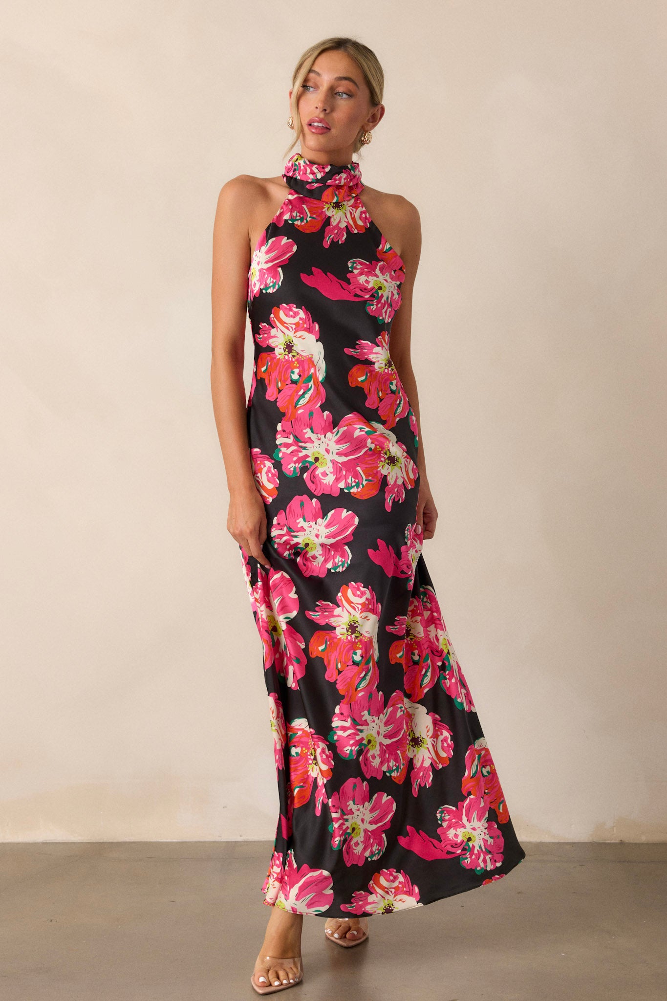 black and red halter dress Halter Floral Cut Out Maxi Dress Black Red