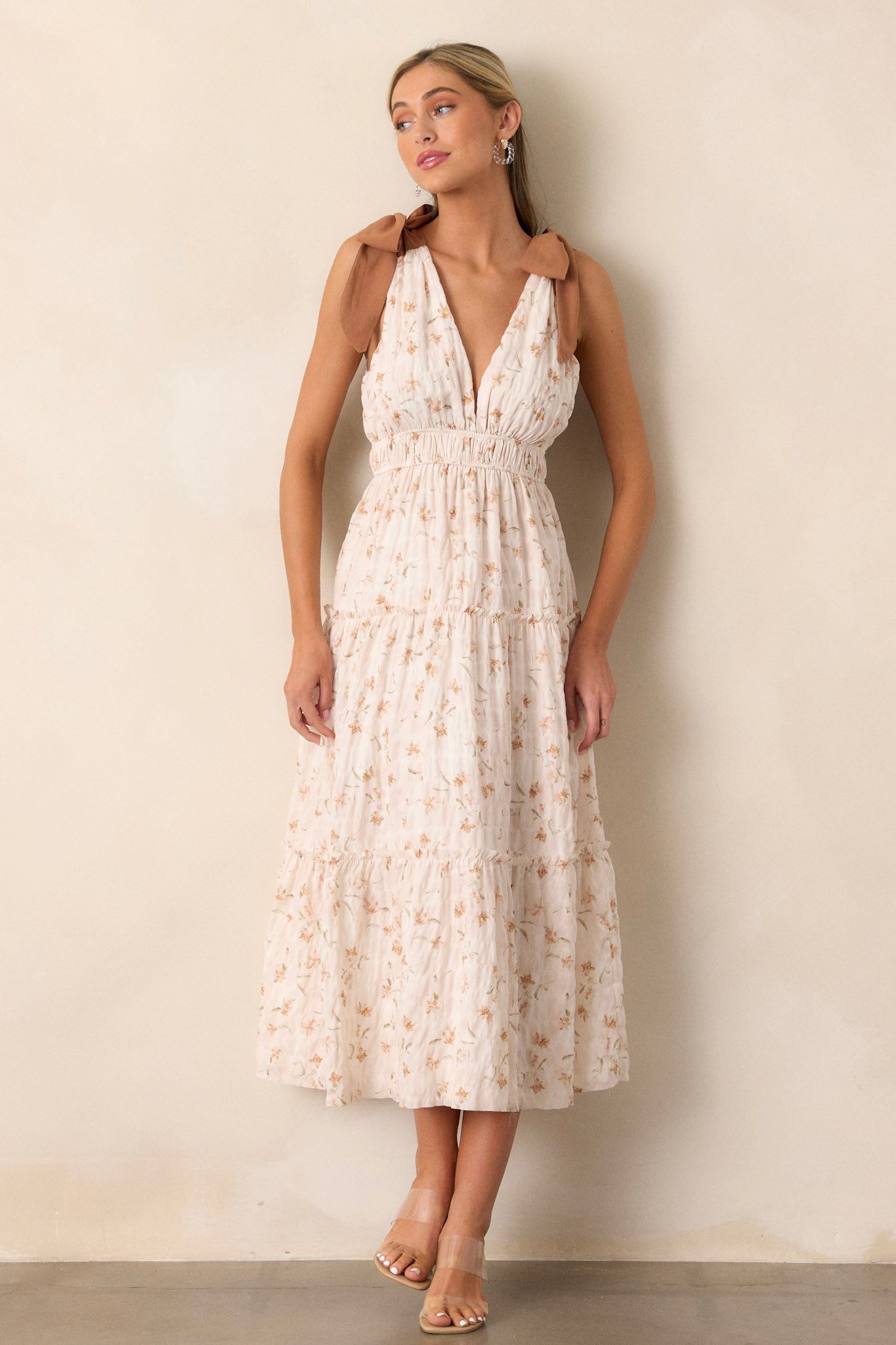 Ivory Floral Plunge Neck Midi Dress - All Dresses | Red Dress Ivory Floral Plunge Neck Midi Dress - All Dresses | Red Dress