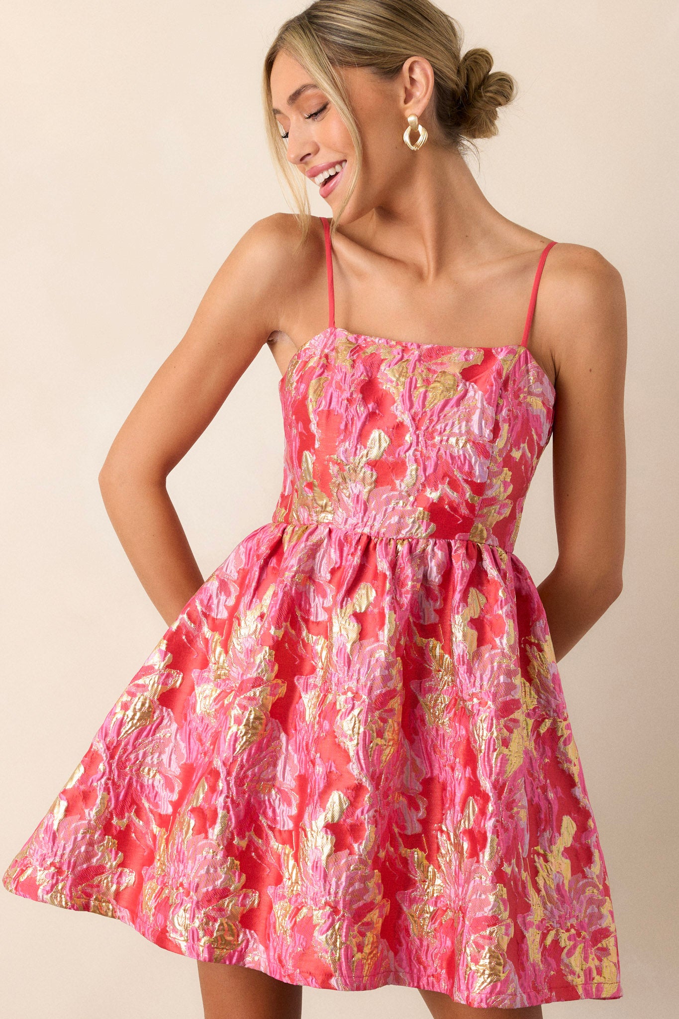 Floral Pink & Gold Jacquard Mini Dress - All Dresses | Red Dress Floral Pink & Gold Jacquard Mini Dress - All Dresses | Red Dress