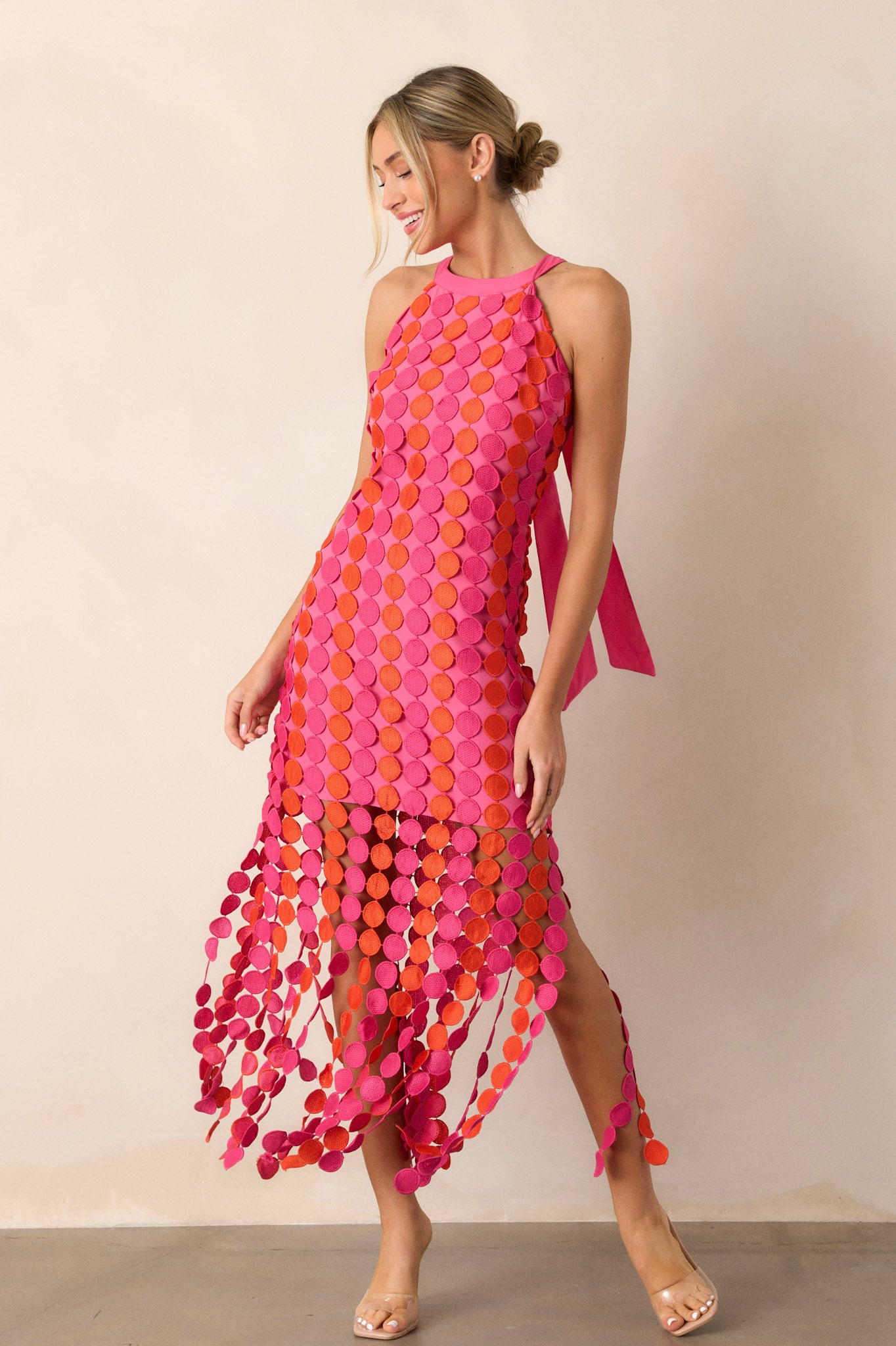 Hot Pink Halter Top Fringe Midi Dress All Dresses Red Dress