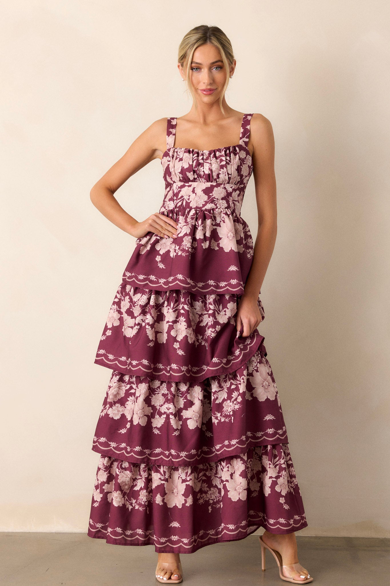 Sweet Reminiscence Wine Floral Tiered Maxi Dress Sweet Reminiscence Wine Floral Tiered Maxi Dress