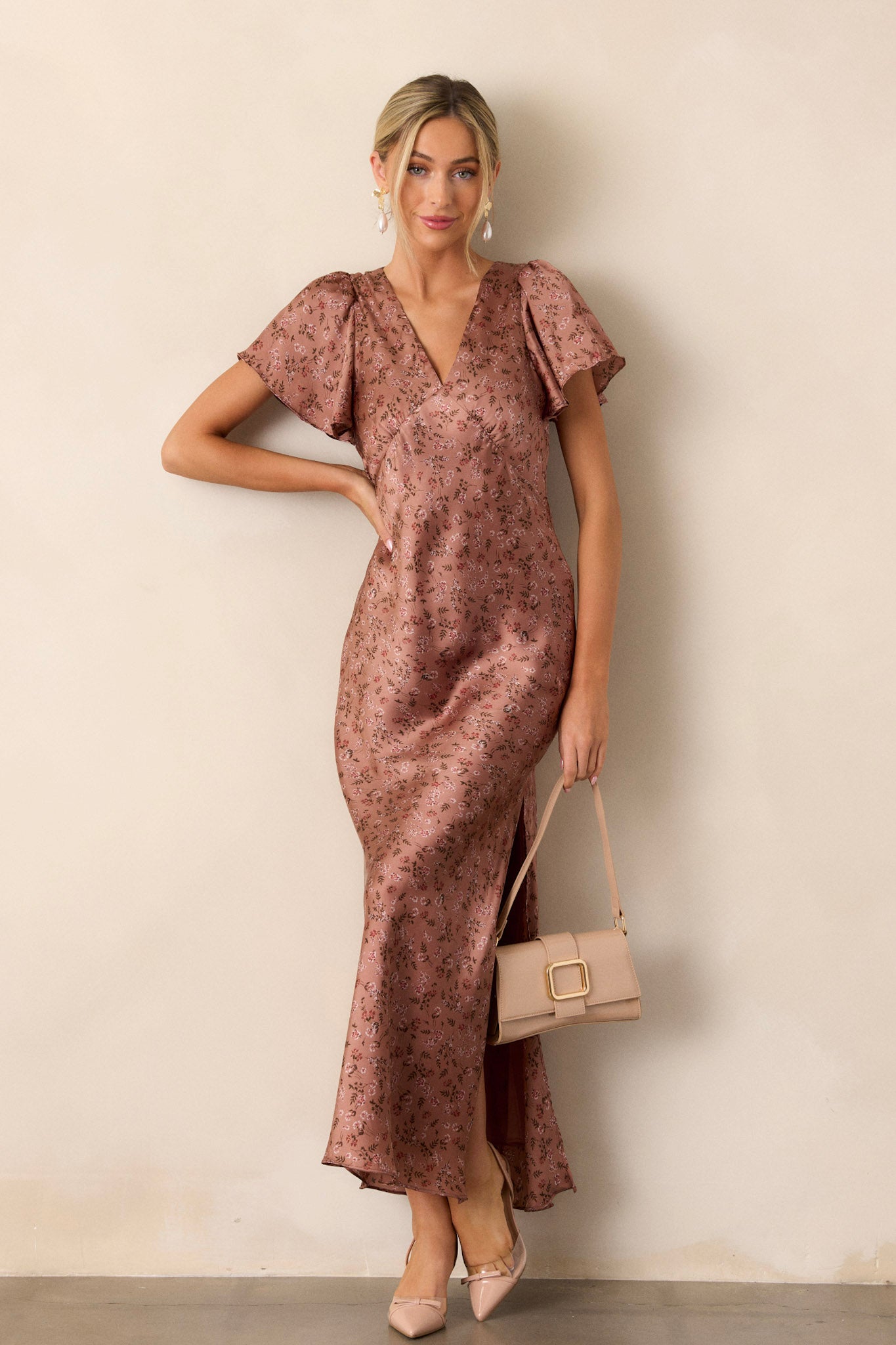 Dusty Rose Floral Satin Maxi Dress All Dresses Red Dress