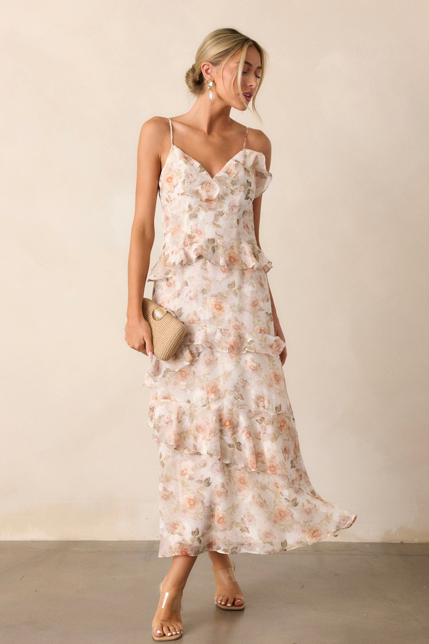 Searching For Love Ivory Floral Ruffle Midi Dress Searching For Love Ivory Floral Ruffle Midi Dress