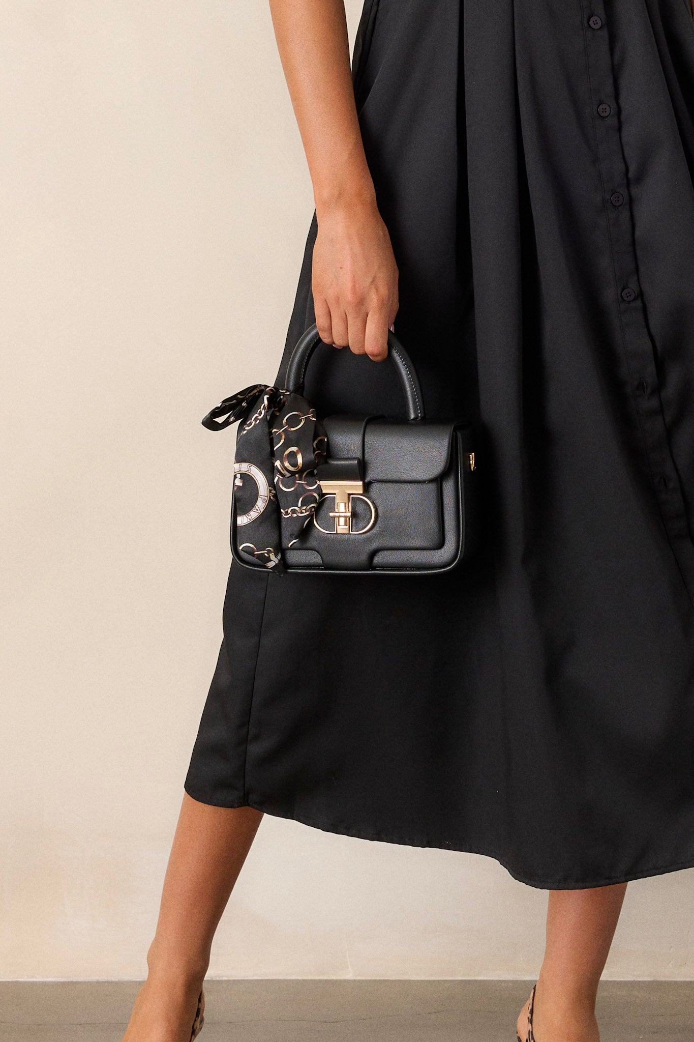 black dress red bag Black Dress and Oxfords
