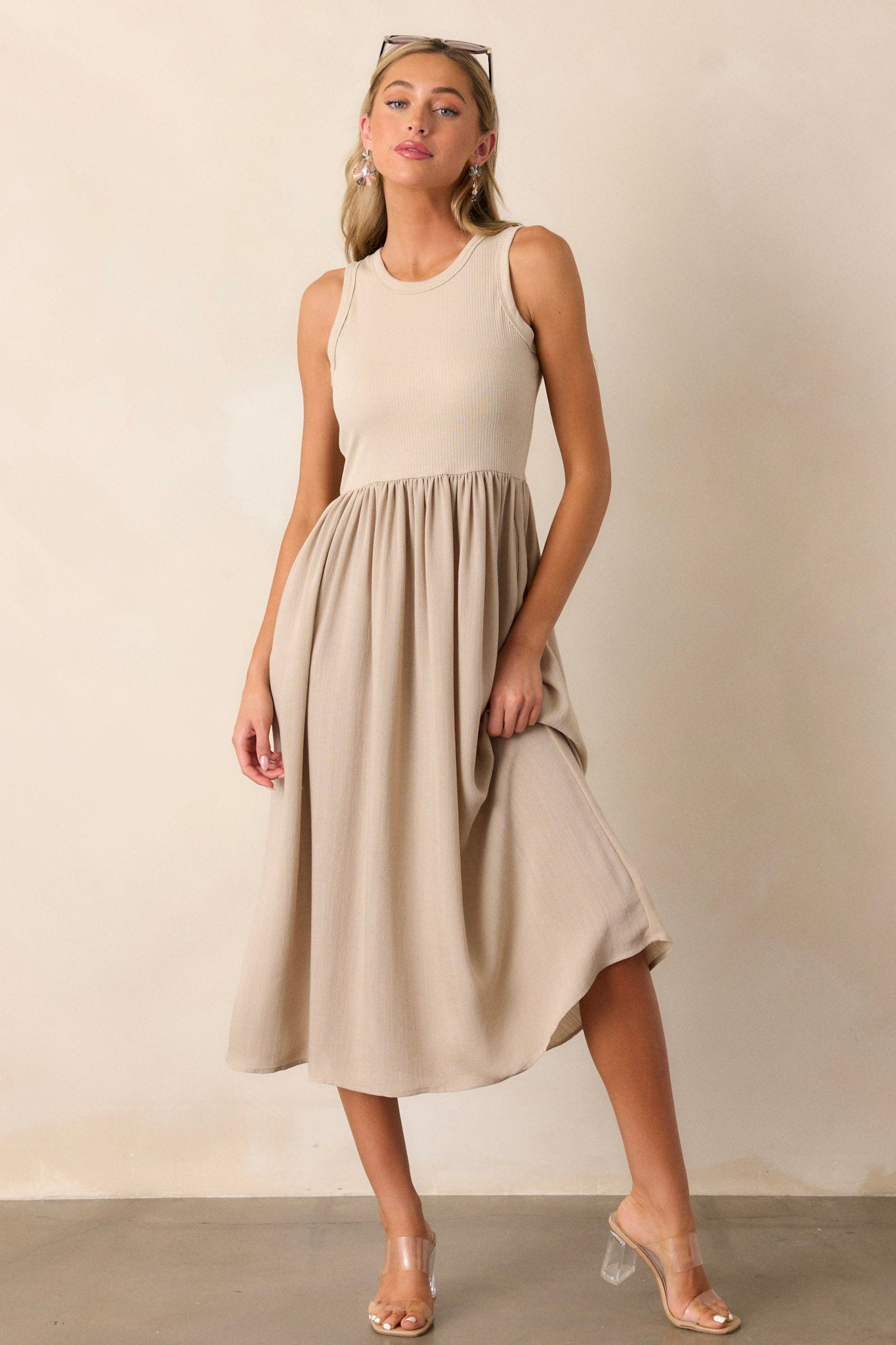 tan ribbed midi dress Cupshe Lucky Penny Khaki Midi Dress - Khaki
