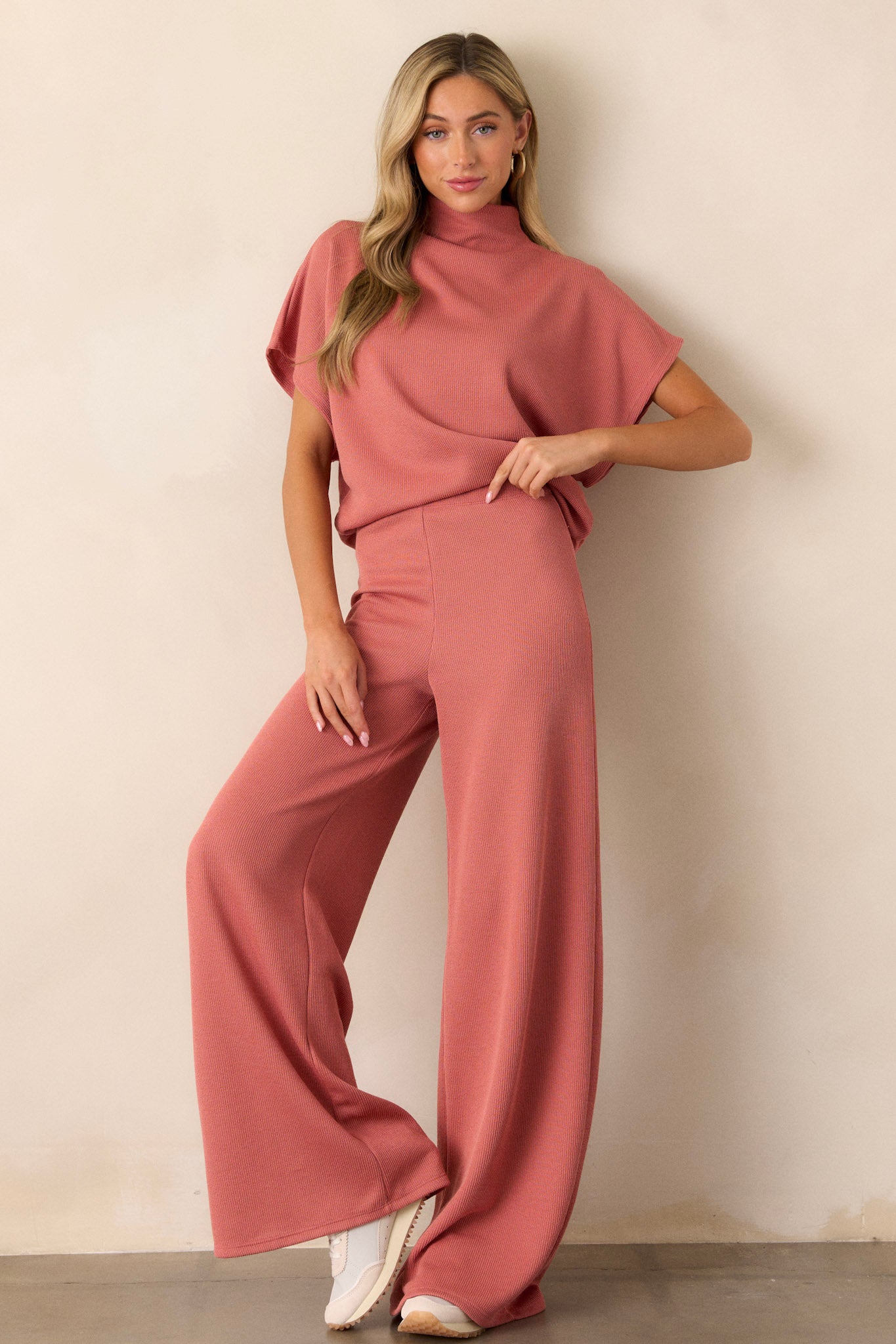 Pink Coral Knit Wide Leg Knit Pants Loungewear Red Dress