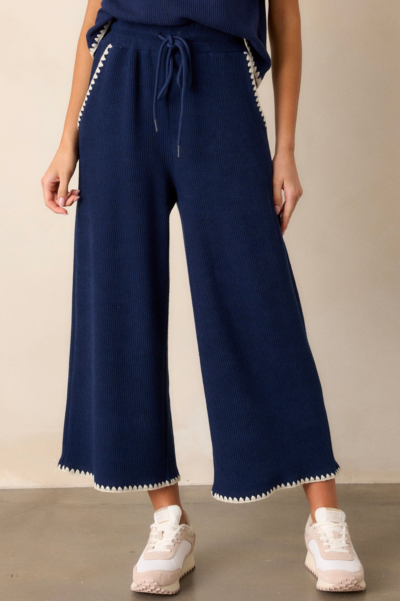 Navy Blanket Stitch Wide Leg Pants - All Loungewear | Red Dress
