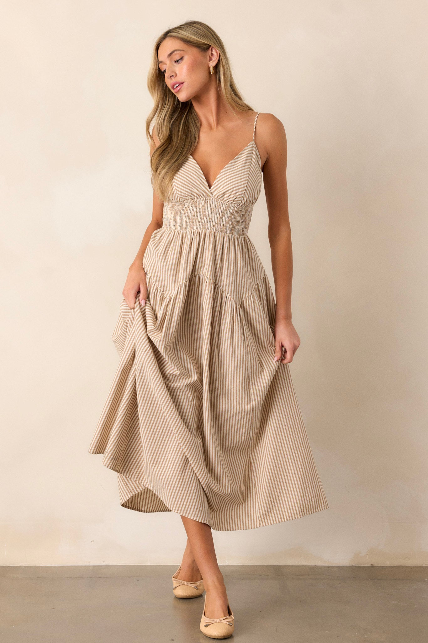 Tan Stripe Sleeveless Midi Dress - Casual Dresses | Red Dress Tan Stripe Sleeveless Midi Dress - Casual Dresses | Red Dress