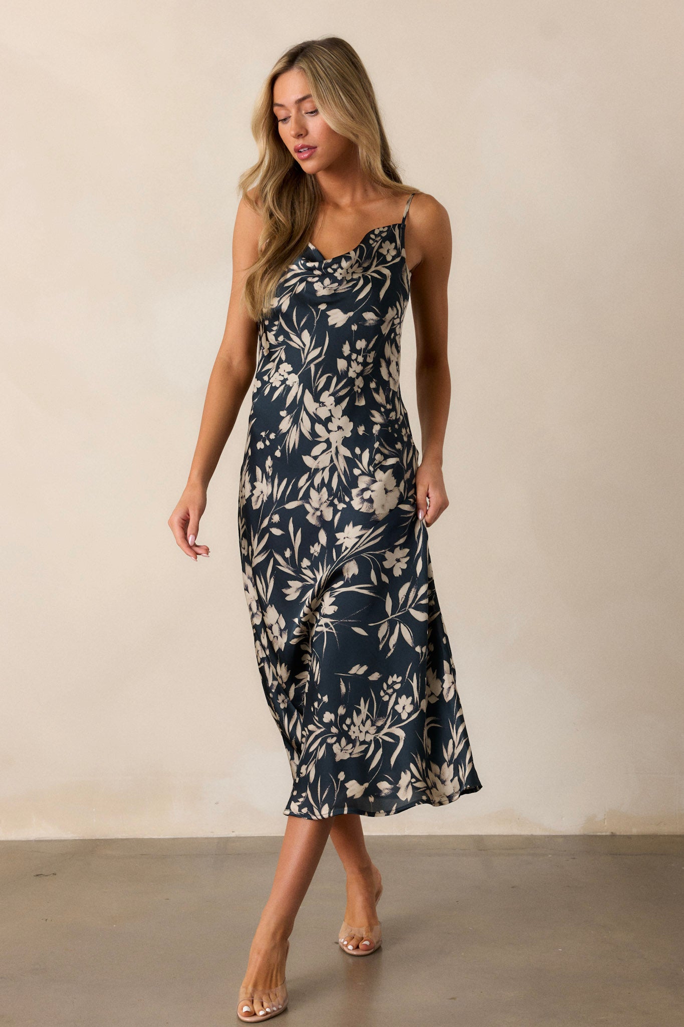 Dark Teal Floral Satin Midi Dress - Event Dresses | Red Dress Dark Teal Floral Satin Midi Dress - Event Dresses | Red Dress