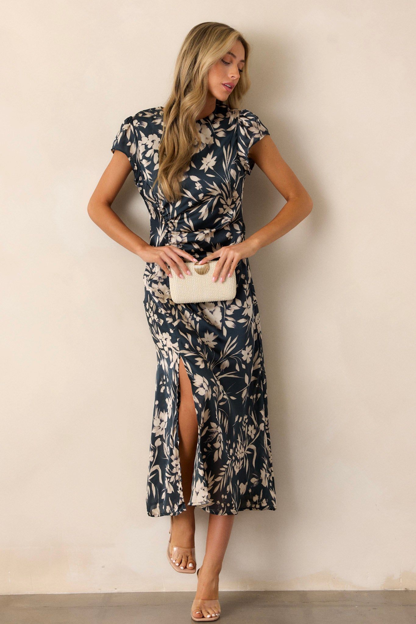 Dark Teal Floral Satin Midi Dress - All Dresses | Red Dress Dark Teal Floral Satin Midi Dress - All Dresses | Red Dress