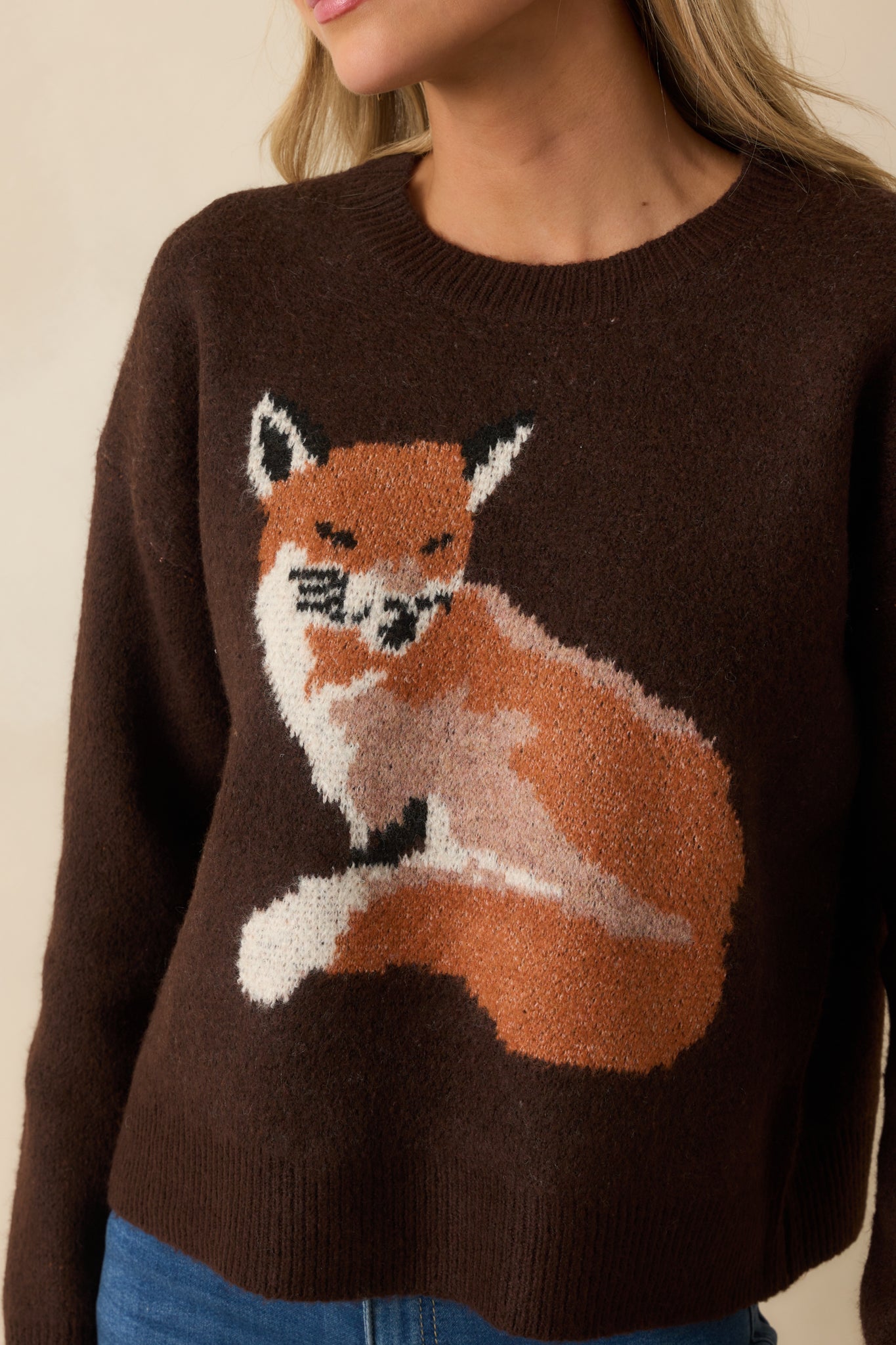 Close-up of the fox graphic and knit texture on the chocolate brown sweater.