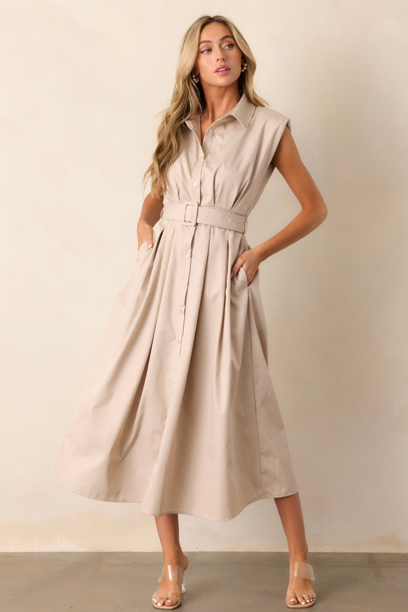 Beige Belted Midi Dress - All Dresses | Red Dress Beige Belted Midi Dress - All Dresses | Red Dress