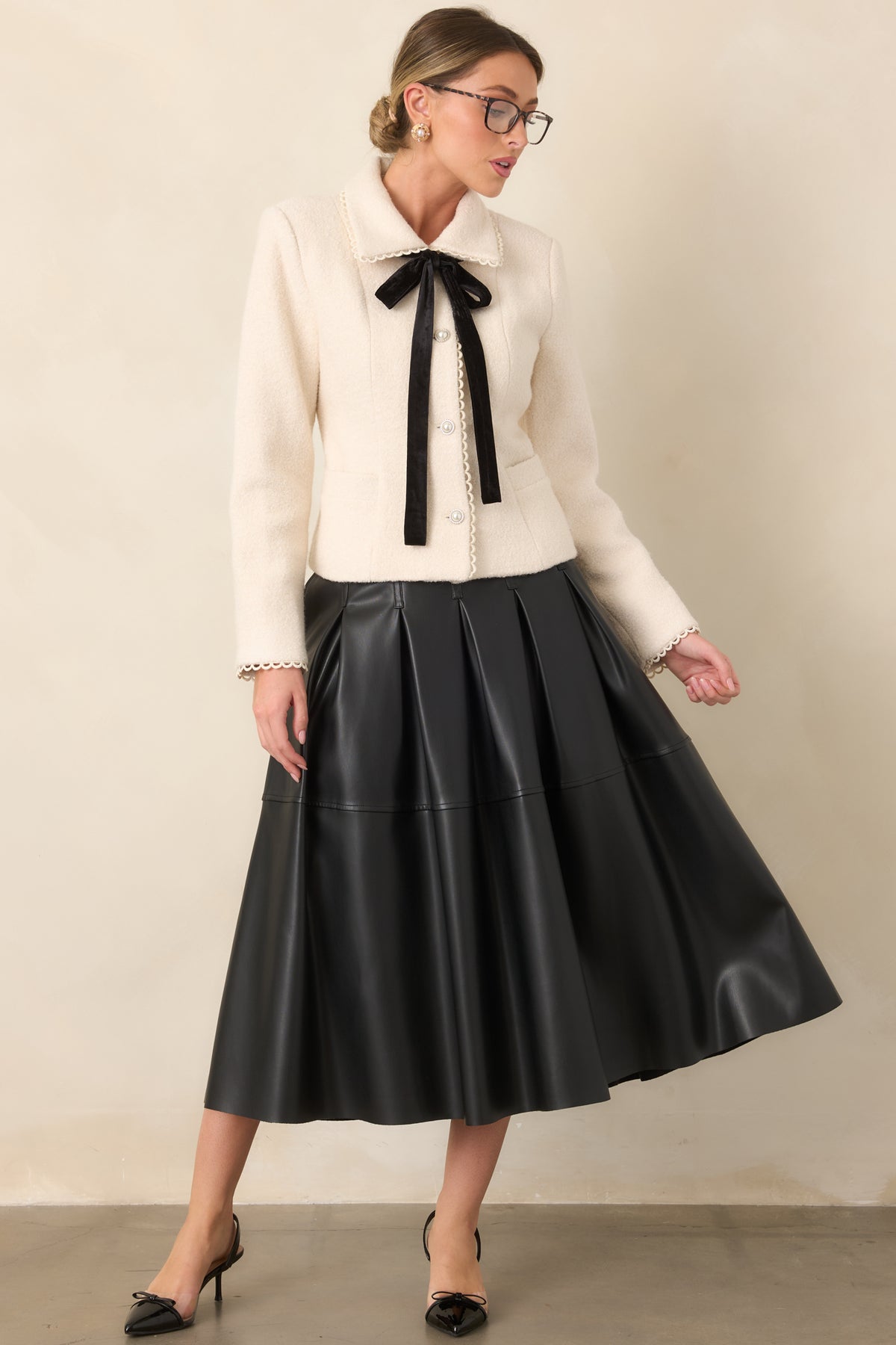 Black-Faux-Leather-Skirt-Fitted-Waistband-Vertical-Pleats