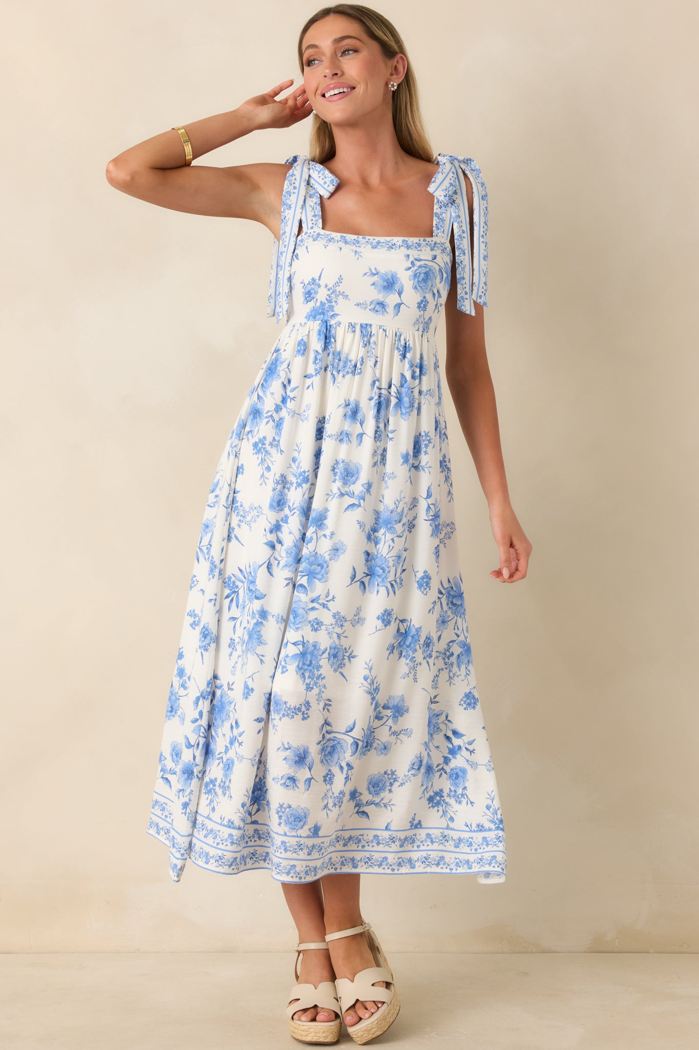 Red Dress | Blue Floral Tie Strap Maxi Dress
