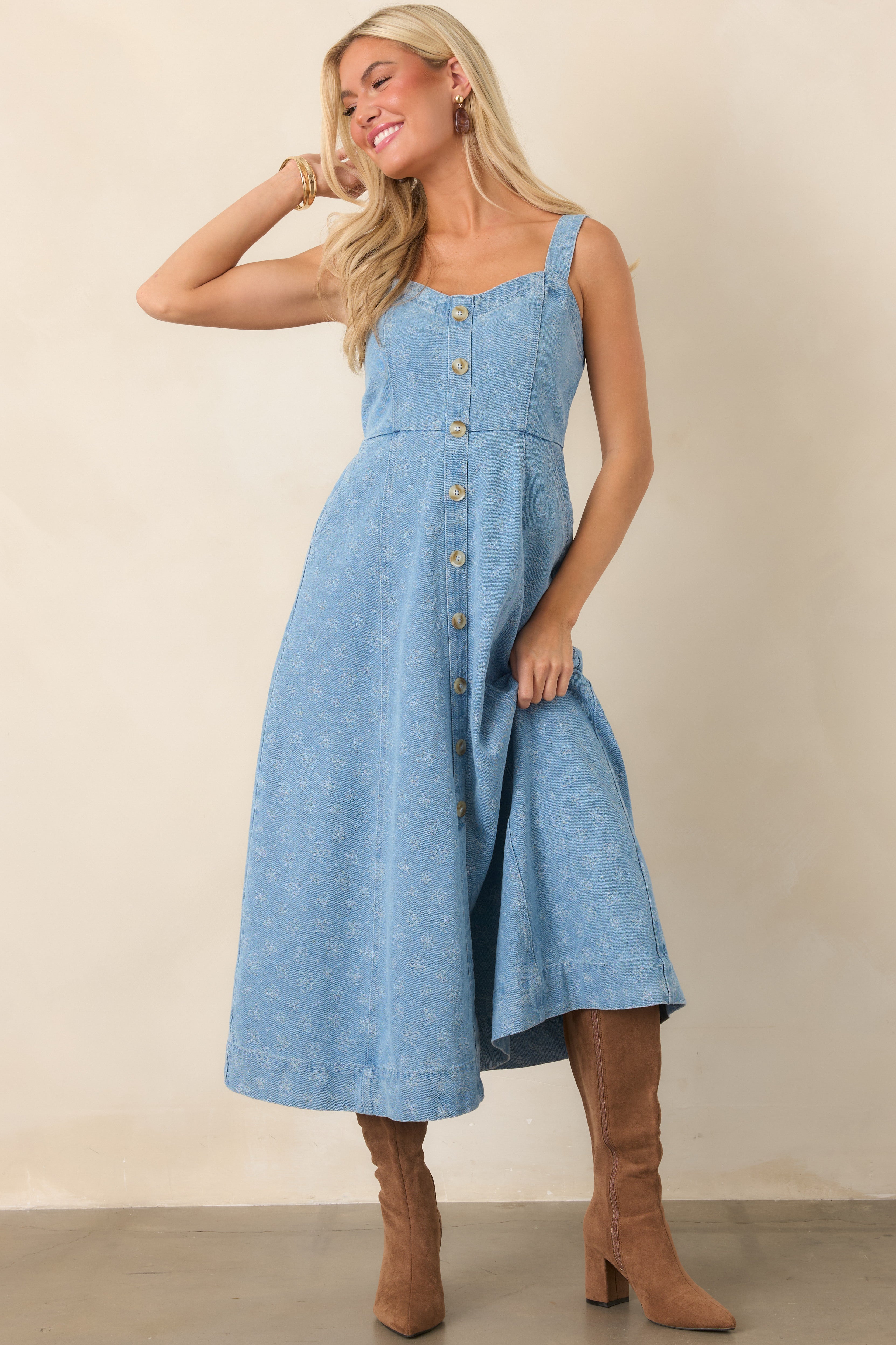 Dreaming in Blue Light Wash Denim Floral Midi Dress