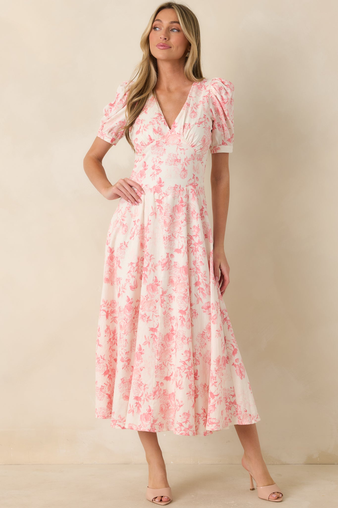 Linen blend maxi dress in coral floral print with structured paneled bodice and soft gathered skirt.