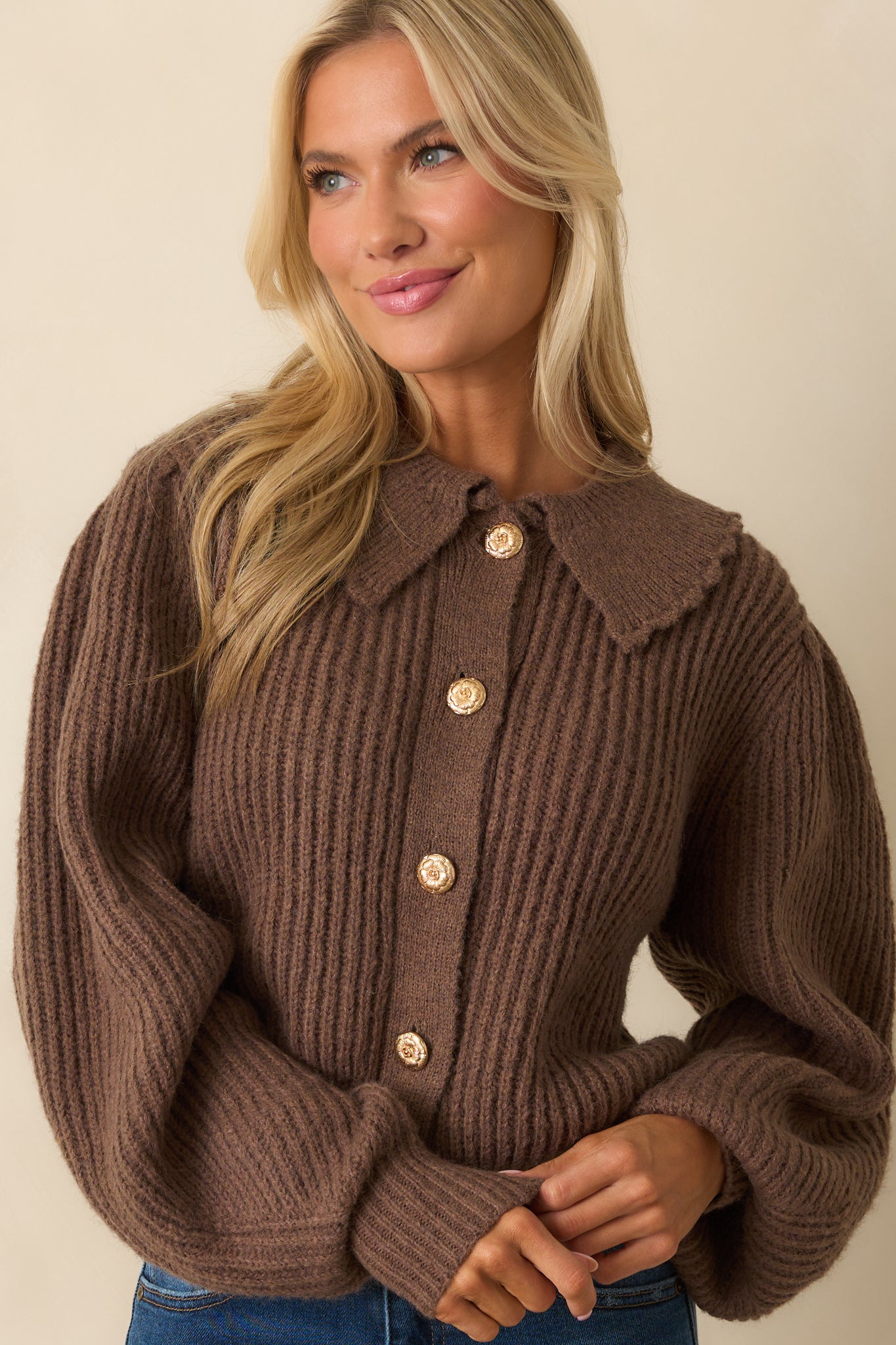 Cropped view focusing on sleeve and shoulder area, highlighting balloon sleeve shape and knit pattern.