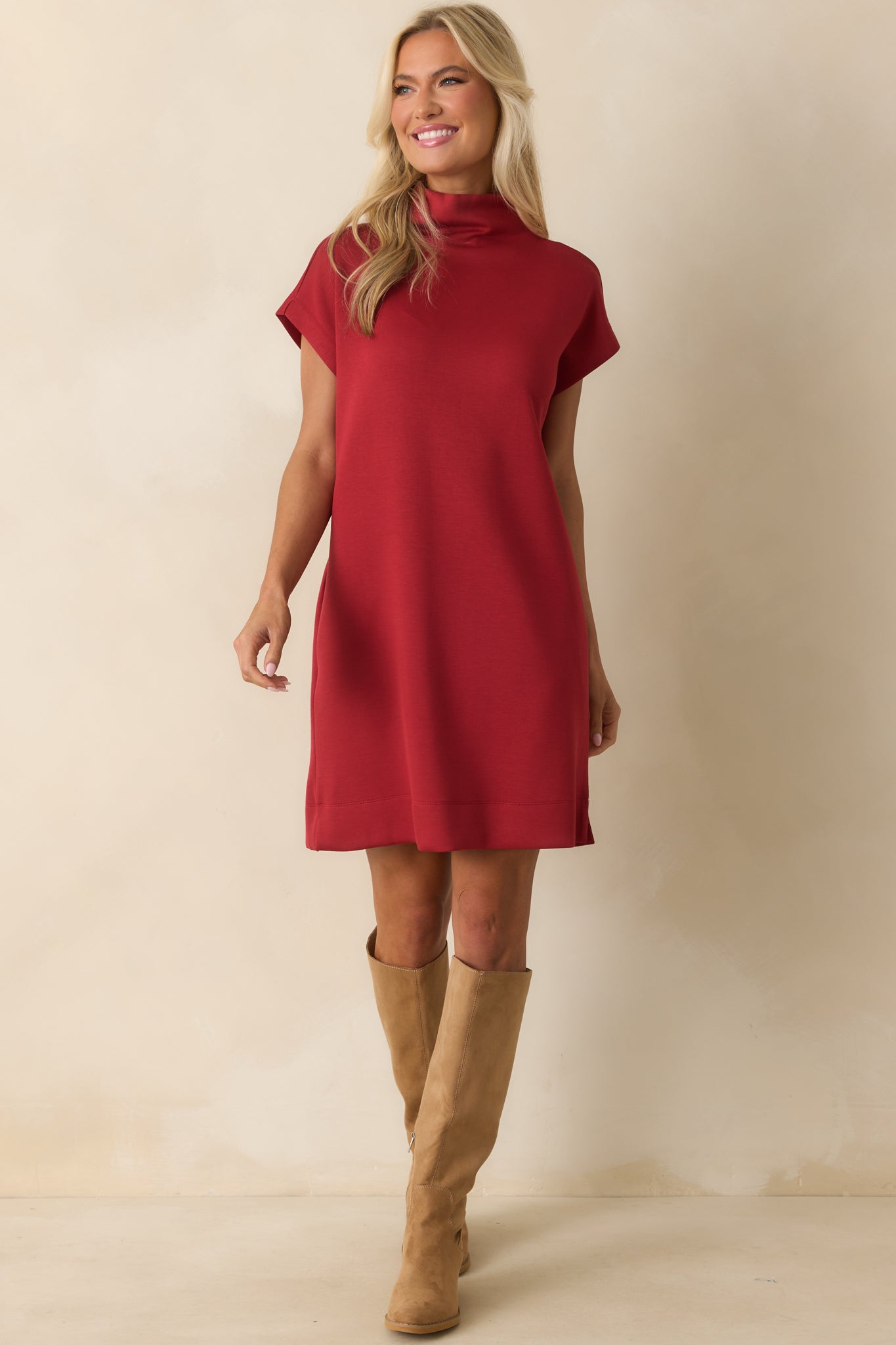 Red shift dress with a mock neckline and casual, relaxed fit.