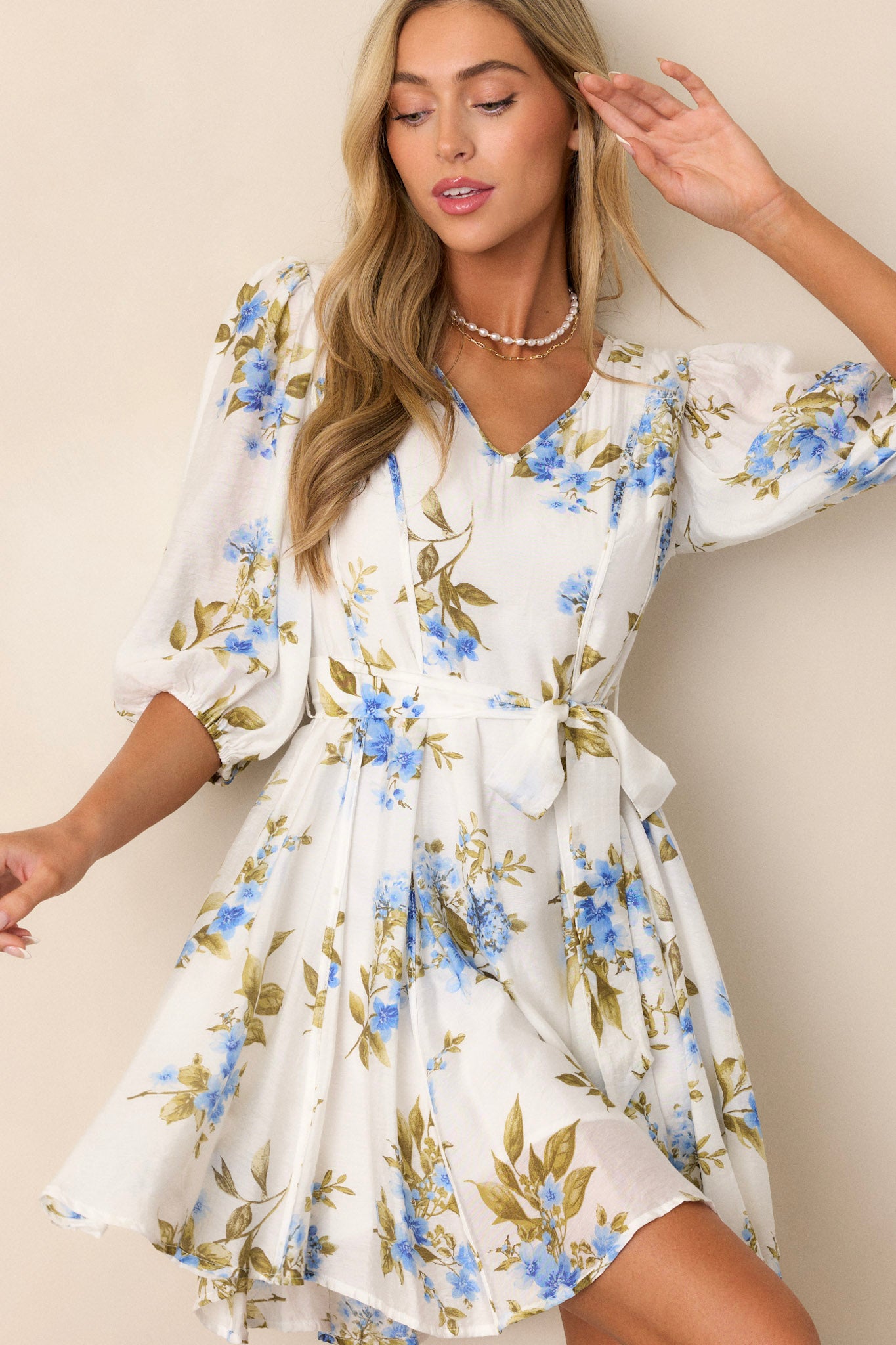 Blue Floral Quarter Sleeve Mini Dress All Dresses Red Dress