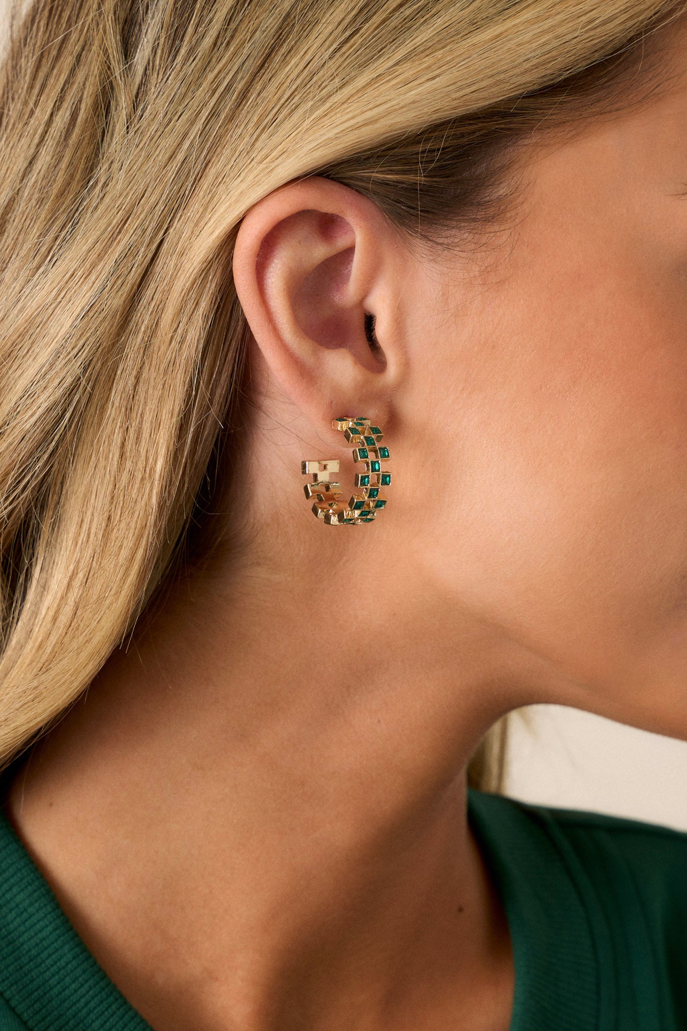 Gold & Green Rhinestone Earrings - Hoop Earrings | Red Dress Gold & Green Rhinestone Earrings - Hoop Earrings | Red Dress