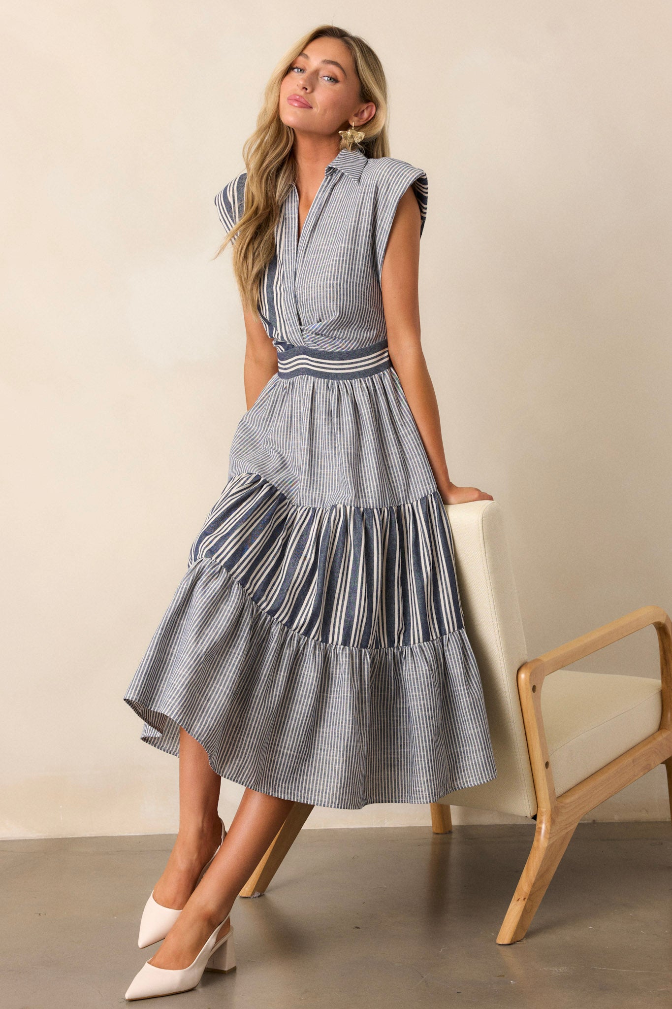 Along The Way Navy Stripe Cap Sleeve Midi Dress Along The Way Navy Stripe Cap Sleeve Midi Dress