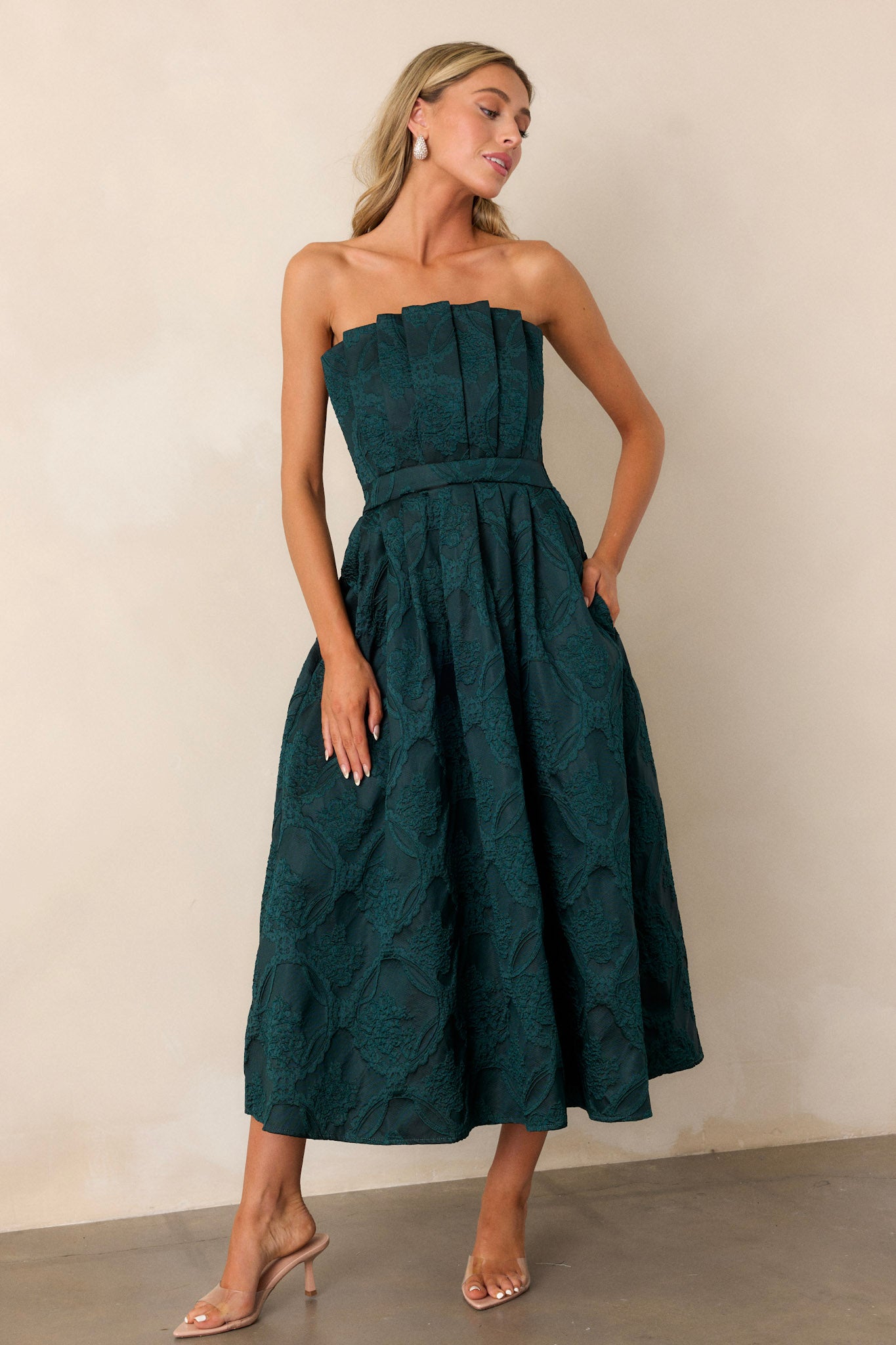 The Genevieve Hunter Green Floral Jacquard Midi Dress - All Dresses | Red Dress The Genevieve Hunter Green Floral Jacquard Midi Dress - All Dresses | Red Dress