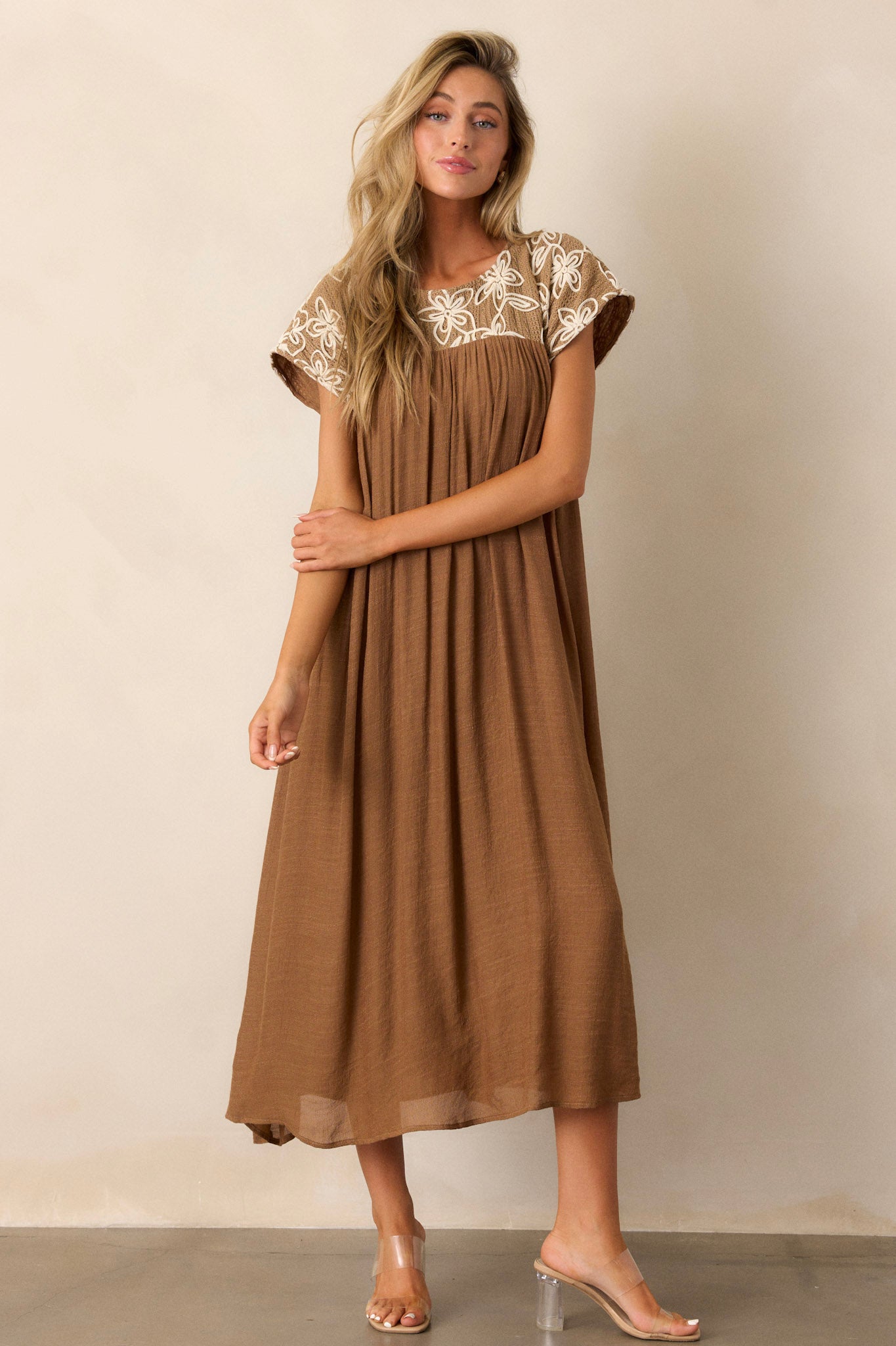 Tan Floral Midi Dress - All Dresses | Red Dress Tan Floral Midi Dress - All Dresses | Red Dress
