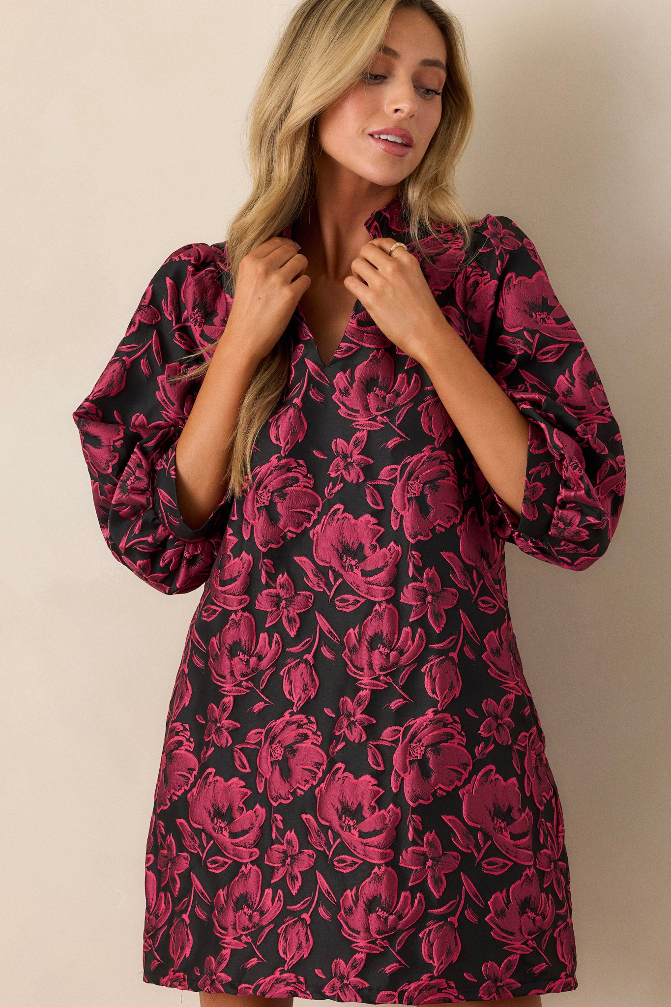 mini dark red dress Dark Fuchsia Floral Jacquard Mini Dress - All Dresses