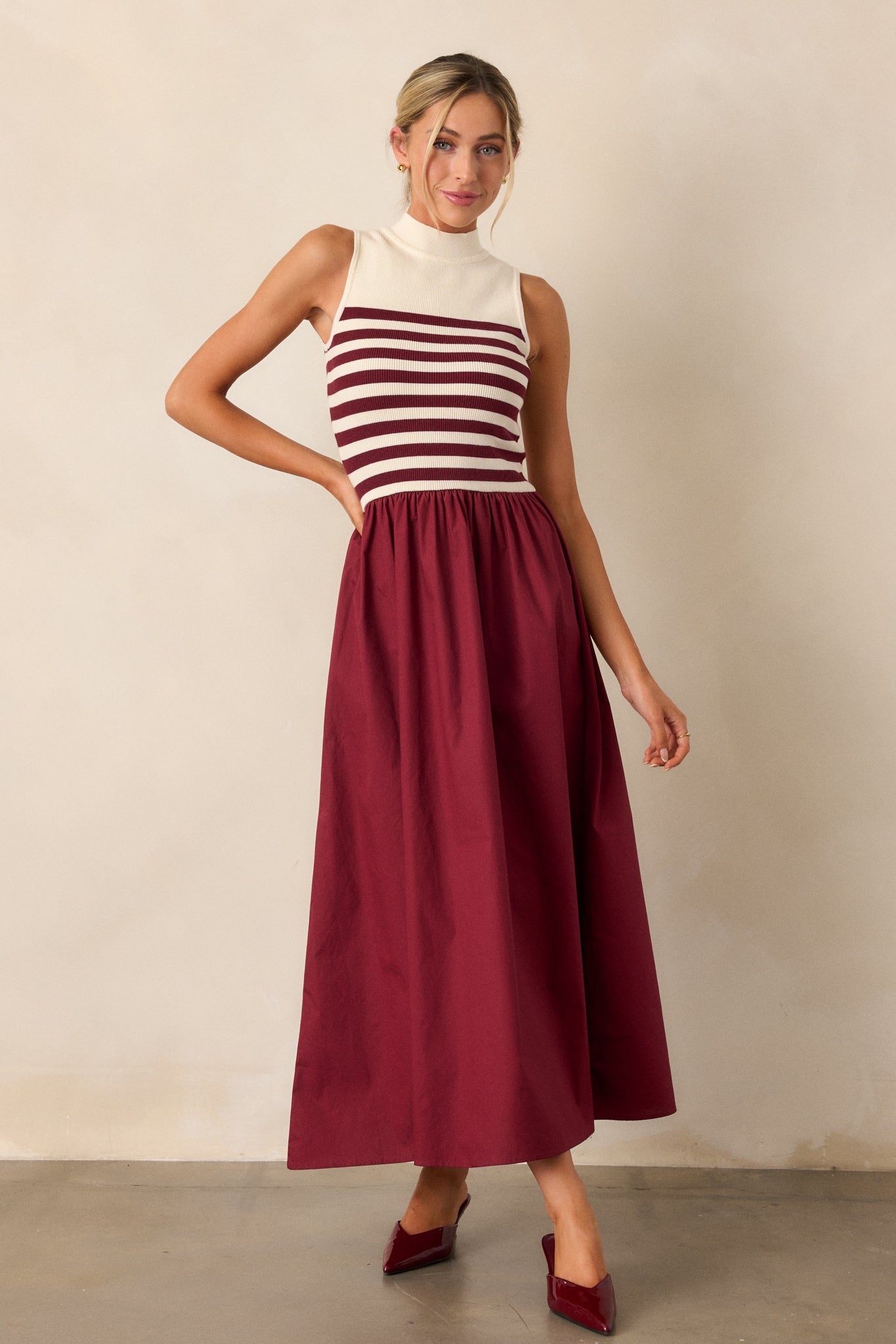 Burgundy Sleeveless Striped Maxi Dress - All Dresses | Red Dress Burgundy Sleeveless Striped Maxi Dress - All Dresses | Red Dress