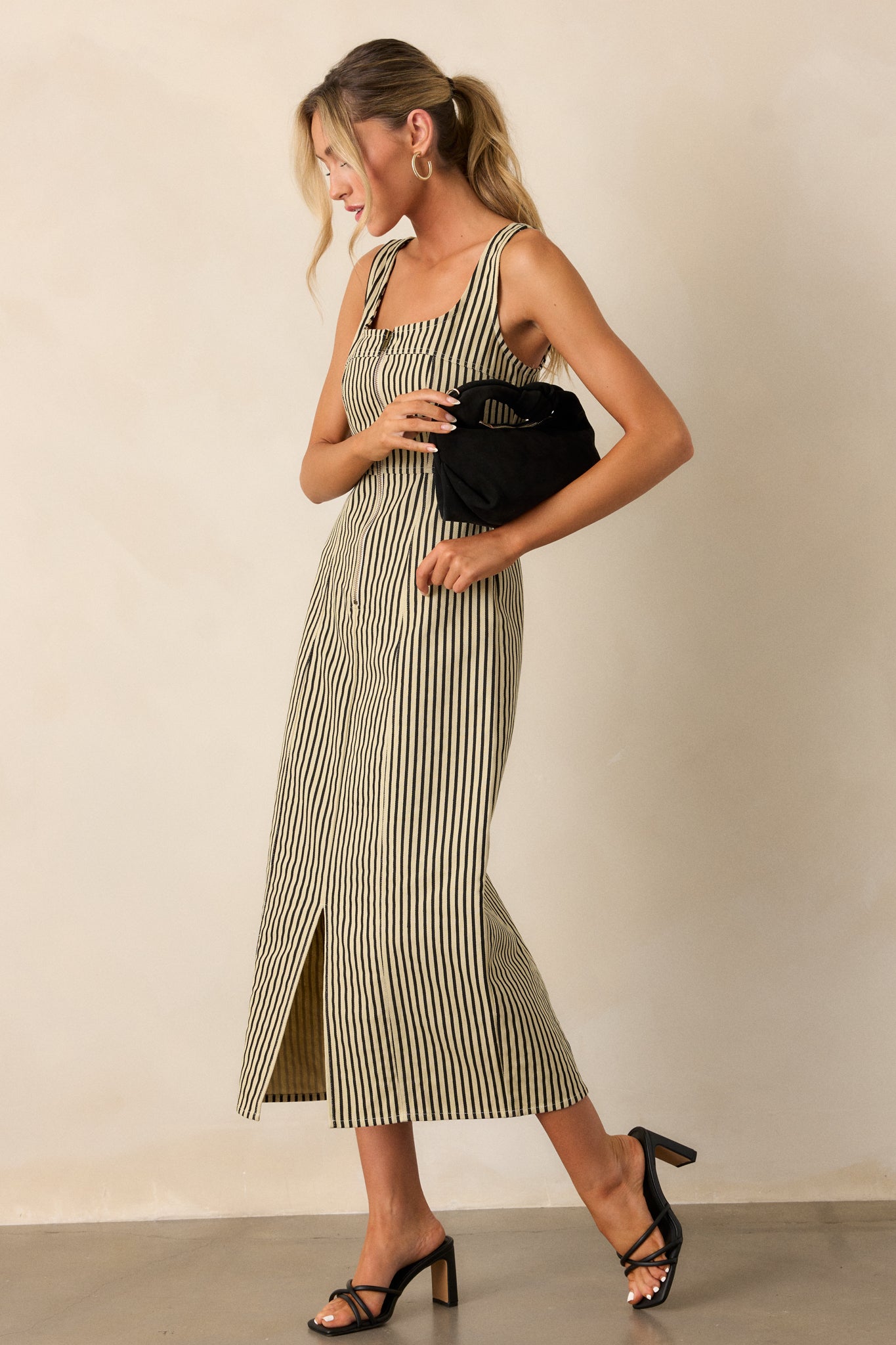 Timeless Beauty Black Stripe Zip Front Denim Maxi Dress Timeless Beauty Black Stripe Zip Front Denim Maxi Dress