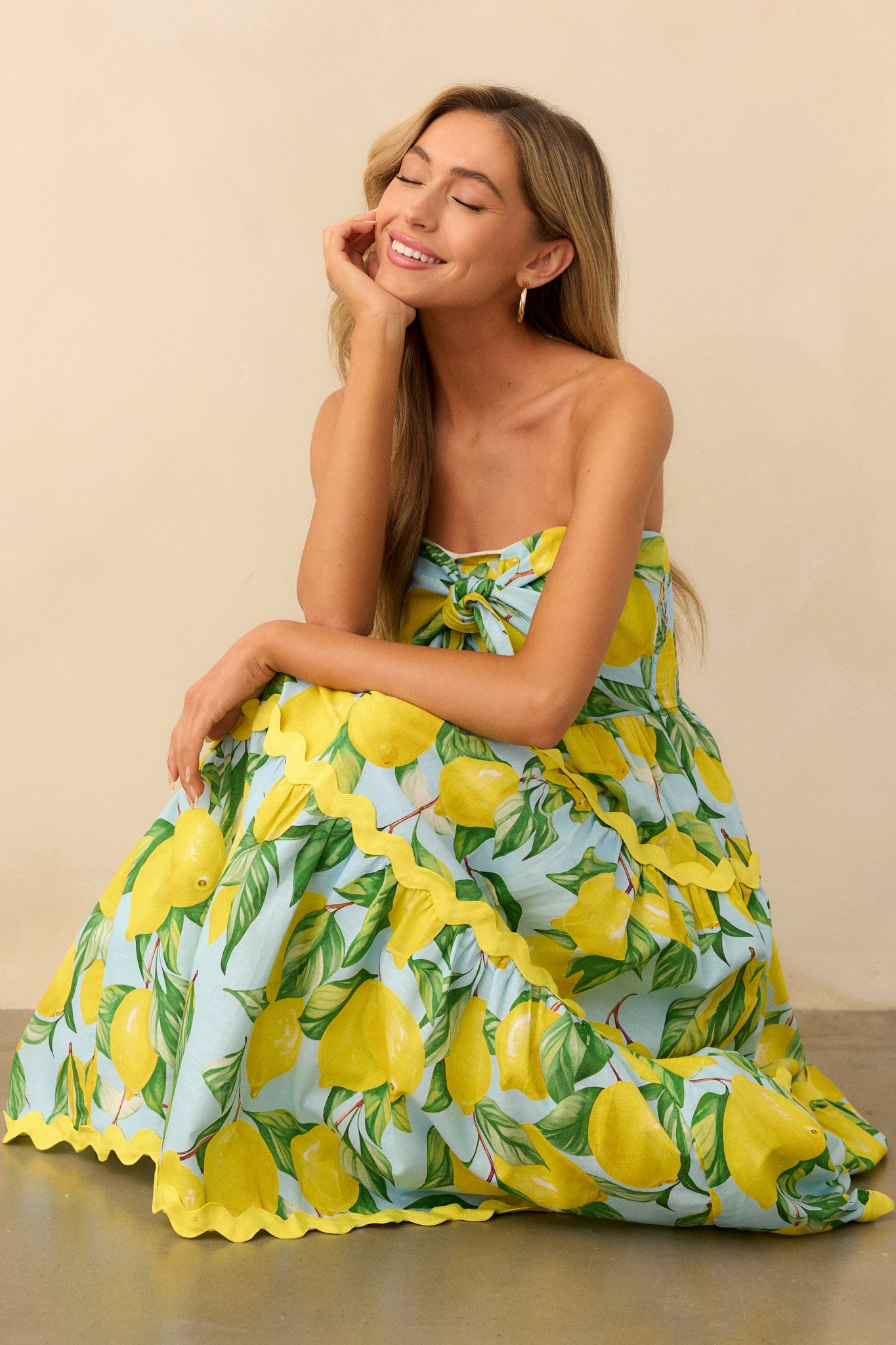 Prosperina Elena Blue Lemon Print Linen Strapless Midi Dress