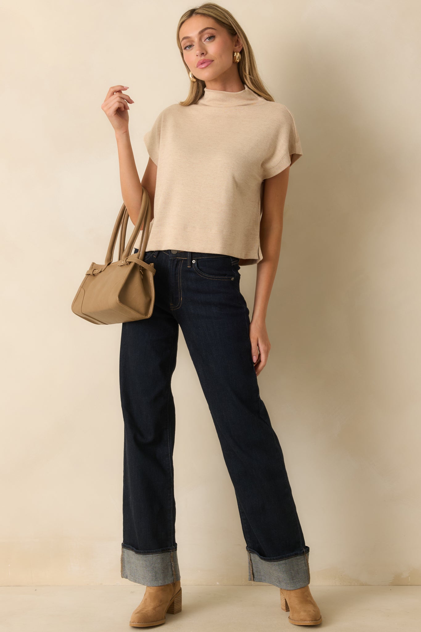 Plans Are Made Oatmeal Beige Relaxed Mock Neck Cap Sleeve Top