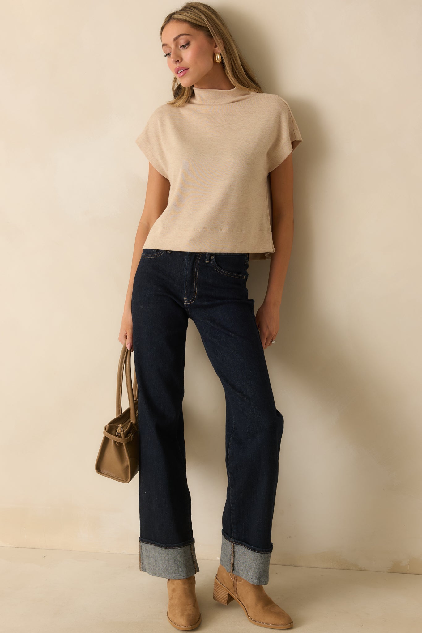 Plans Are Made Oatmeal Beige Relaxed Mock Neck Cap Sleeve Top