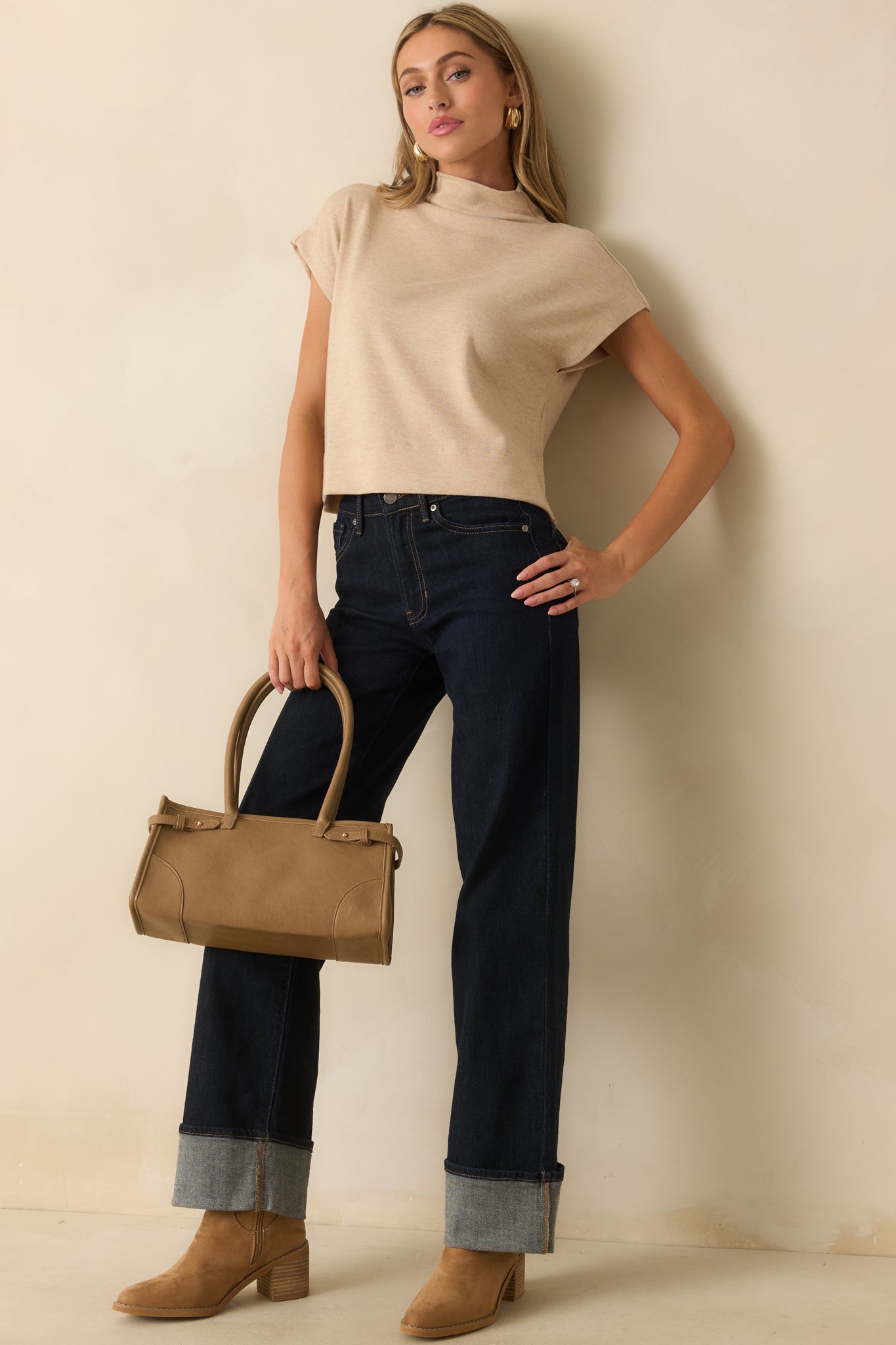 Plans Are Made Oatmeal Beige Relaxed Mock Neck Cap Sleeve Top
