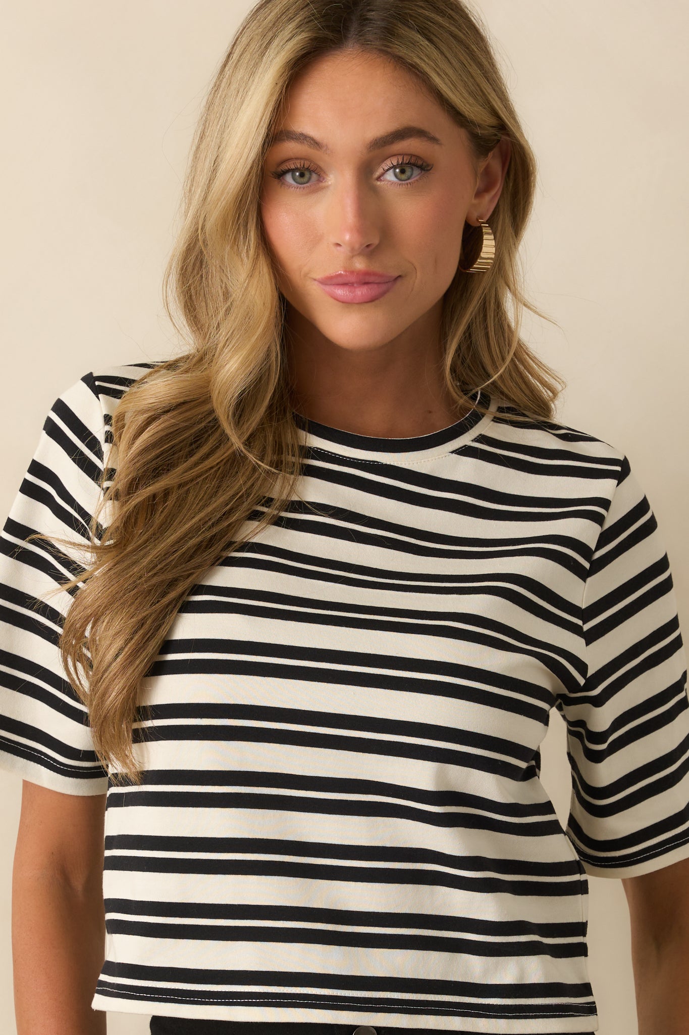 Detail view of the black and ivory stripe pattern and fabric weave.