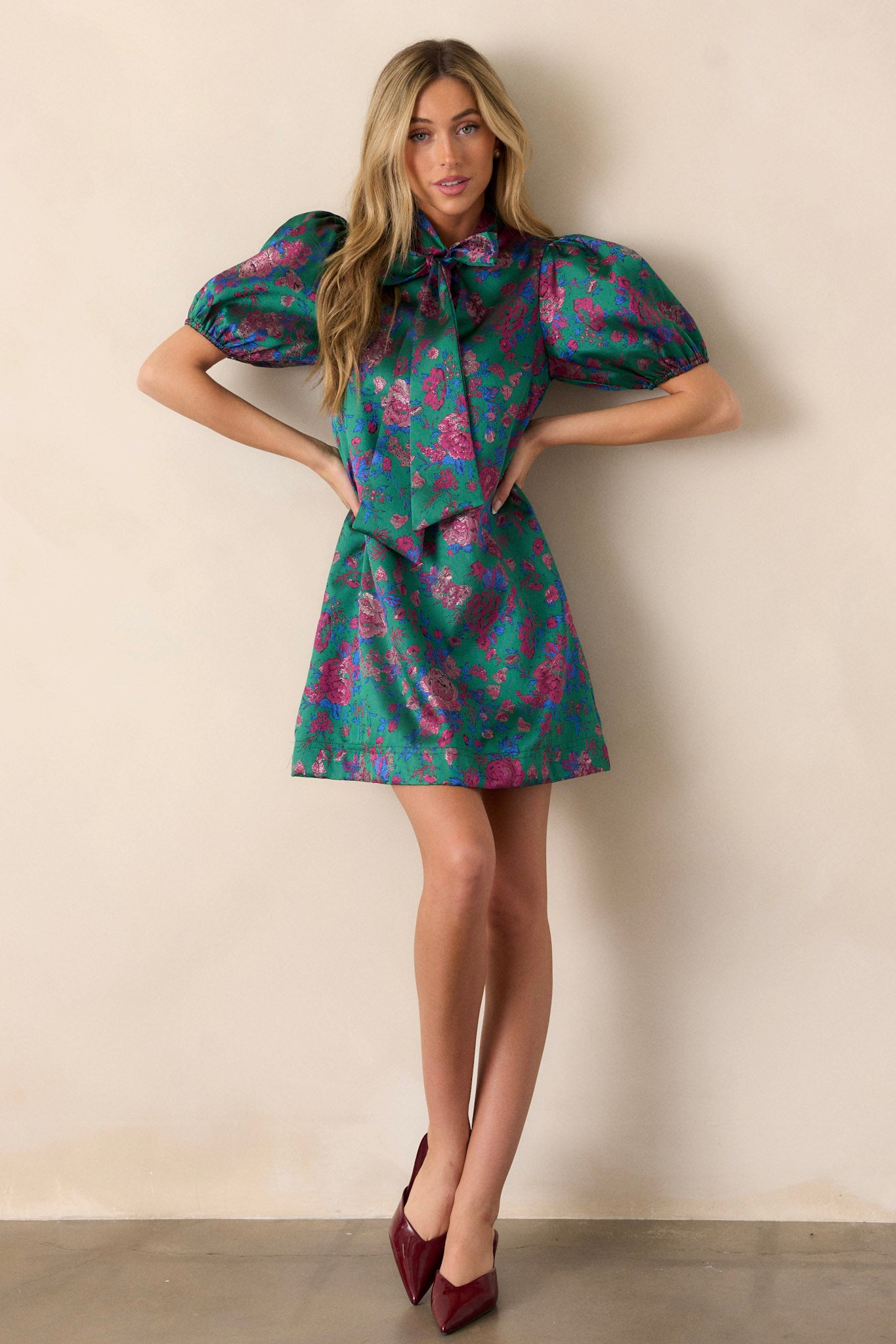 Green Jacquard Puff Sleeve Mini Dress - All Dresses | Red Dress Green Jacquard Puff Sleeve Mini Dress - All Dresses | Red Dress