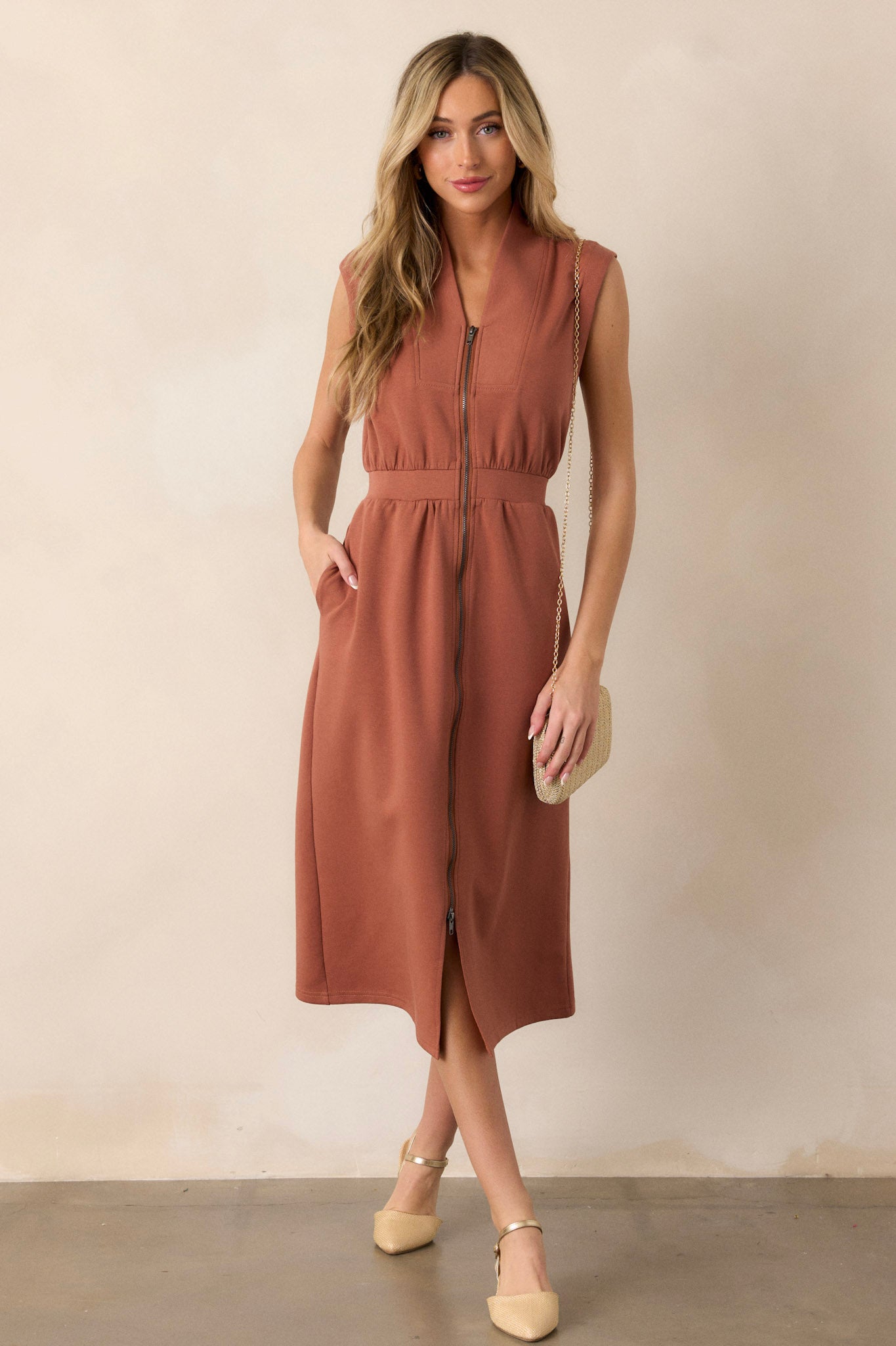 Terracotta Sleeveless Zip Front Midi Dress - All Dresses | Red Dress Terracotta Sleeveless Zip Front Midi Dress - All Dresses | Red Dress