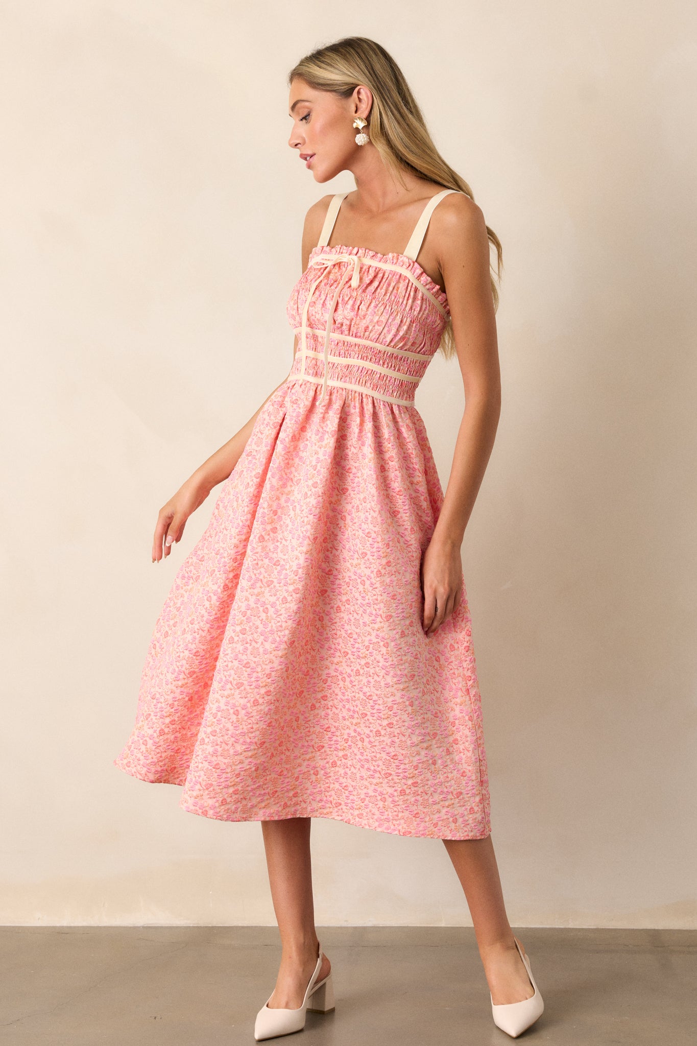 Light Pink Floral Jacquard Midi Dress - All Dresses | Red Dress Light Pink Floral Jacquard Midi Dress - All Dresses | Red Dress