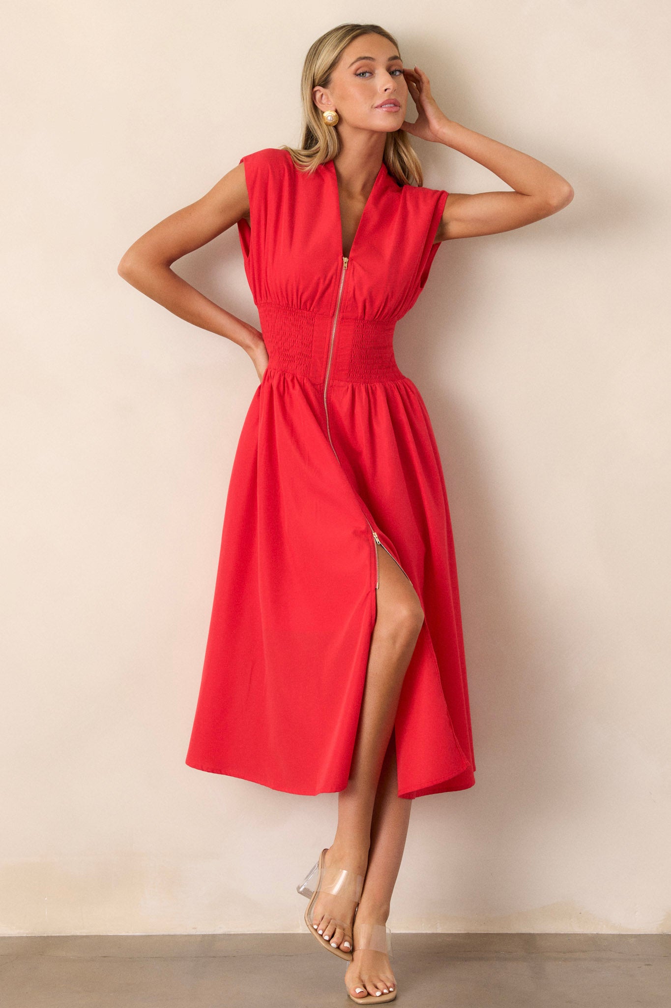 The Evette Red Smocked Midi Dress - All Dresses | Red Dress The Evette Red Smocked Midi Dress - All Dresses | Red Dress