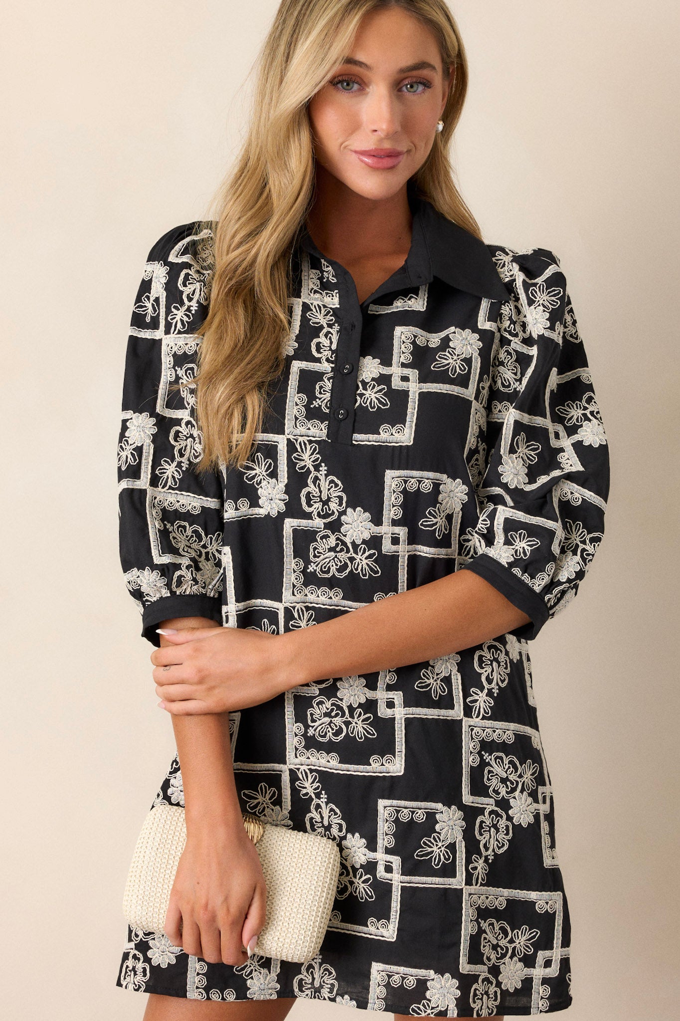 100% Cotton Black Embroidered Mini Dress
