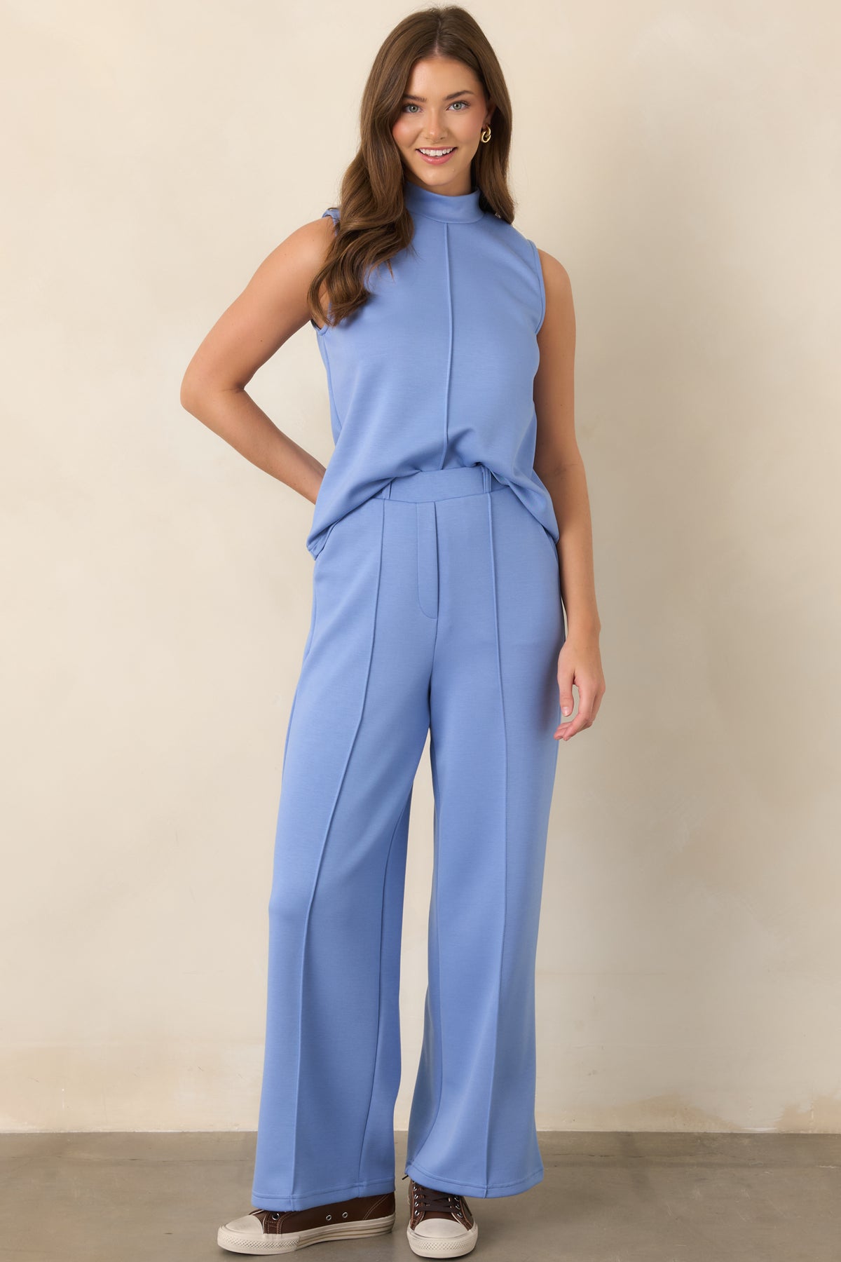 Ready to Jet Horizon Blue Knit High-Waisted Wide-Leg Pants
