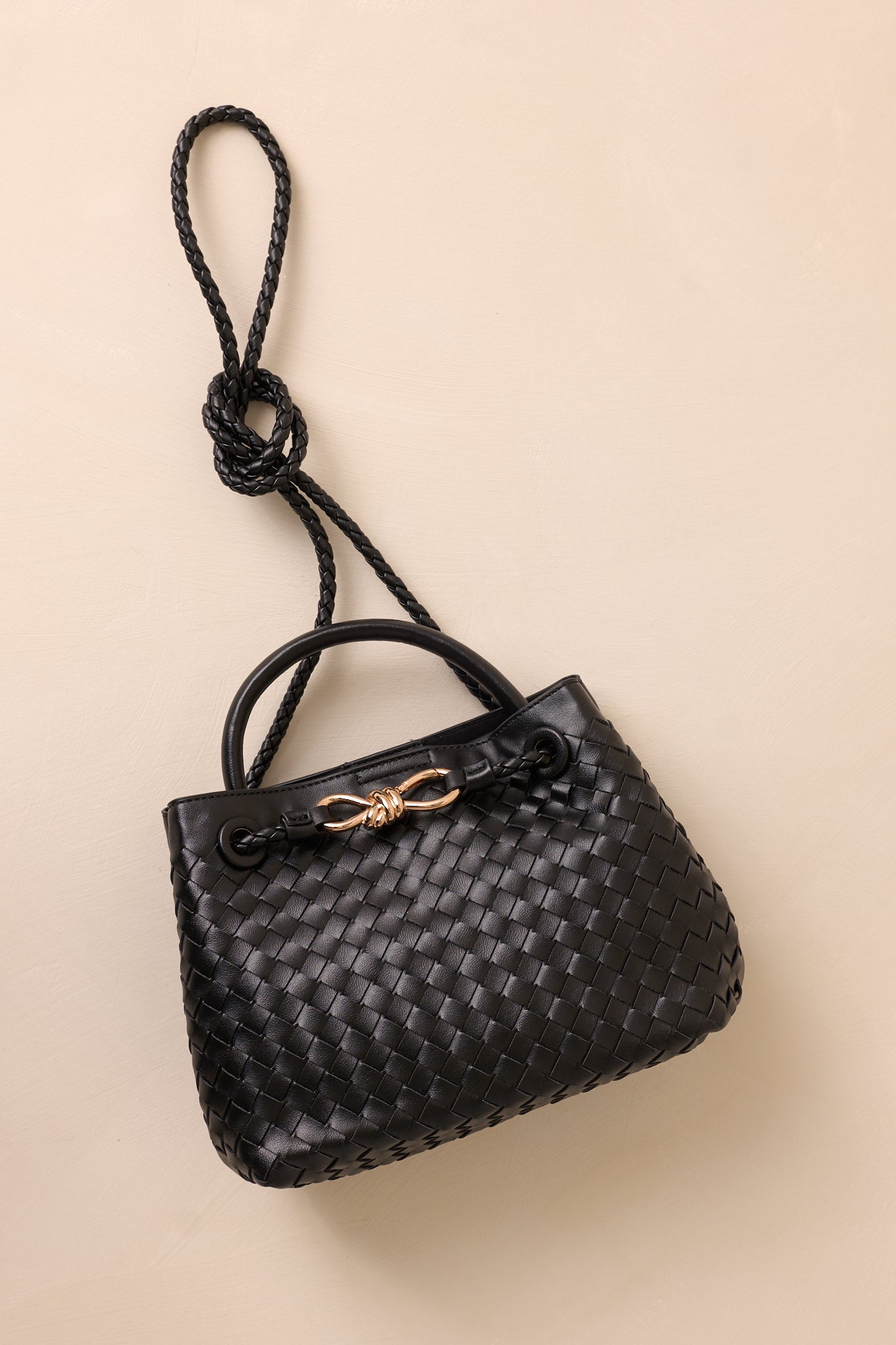 black dress with red accessories Black Woven Faux Leather Handbag - All Handbags