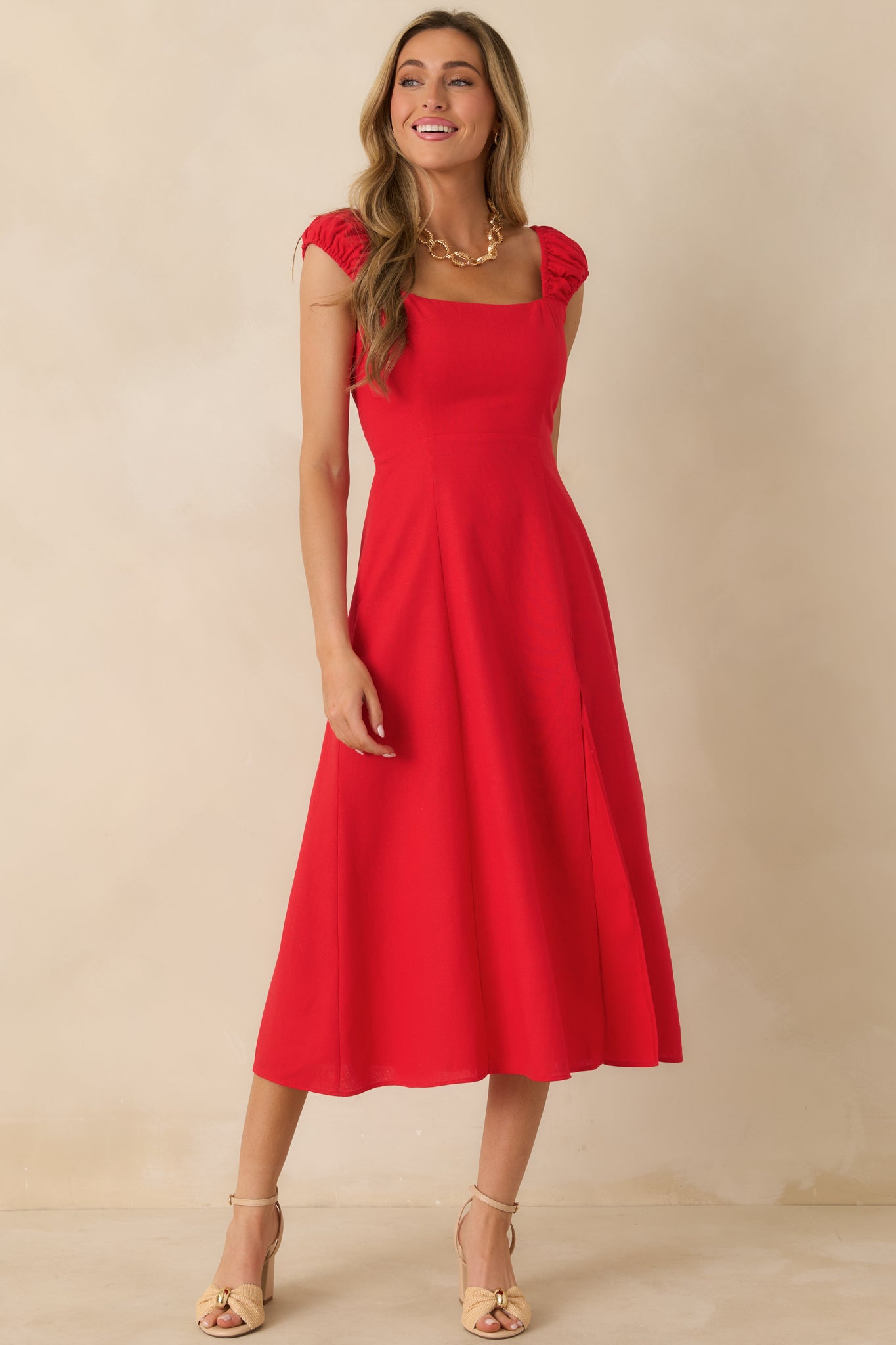 Women's Radiant Reverie Red Linen Midi Dress | Size: L