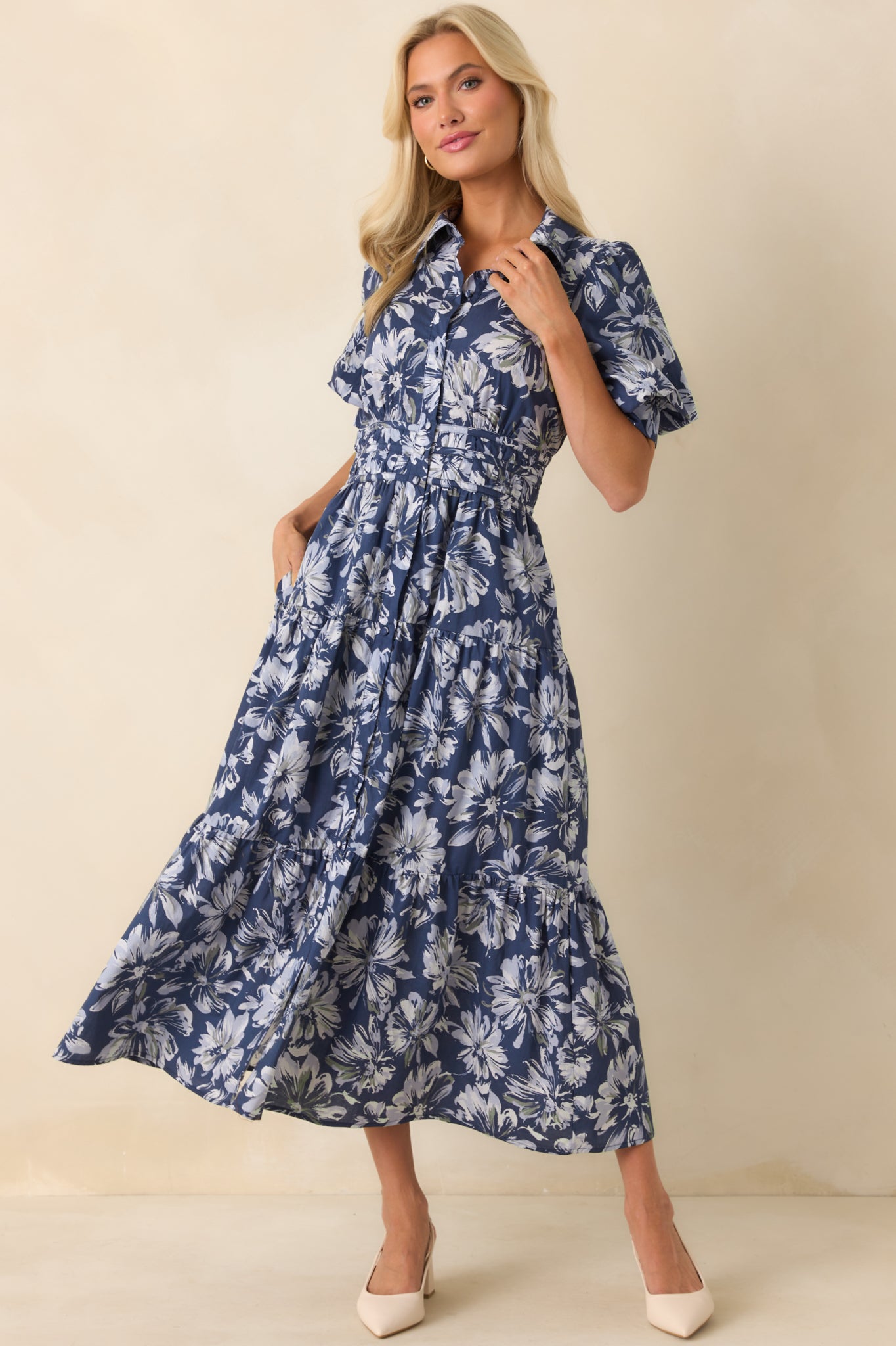Slow Sundays Navy Floral Print Cotton Maxi Shirt Dress Slow Sundays Navy Floral Print Cotton Maxi Shirt Dress